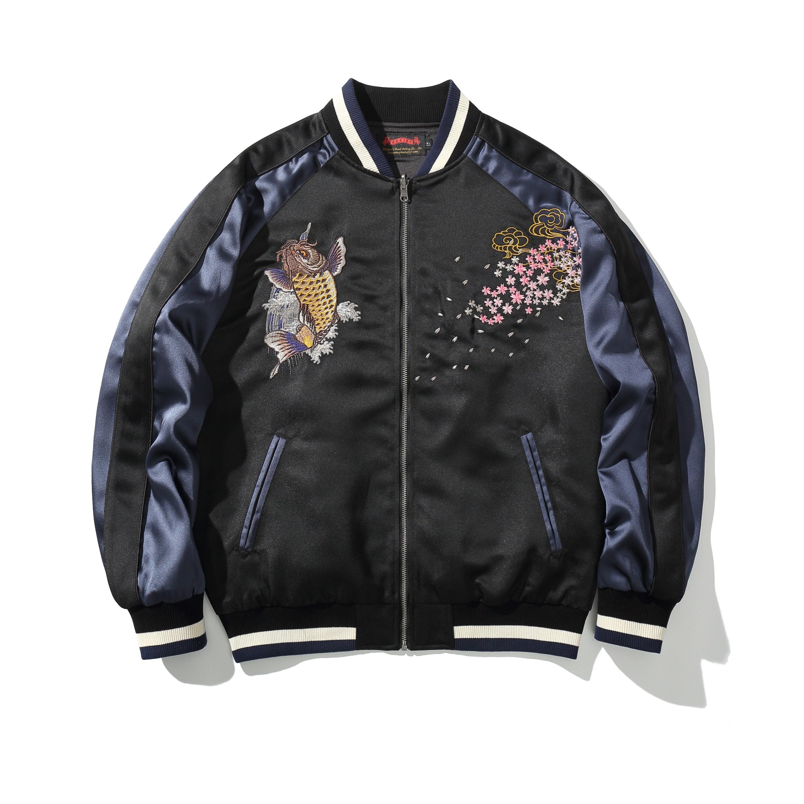 Front view in navy sleeves with koi and sakura chest embroidery and contrast rib trim