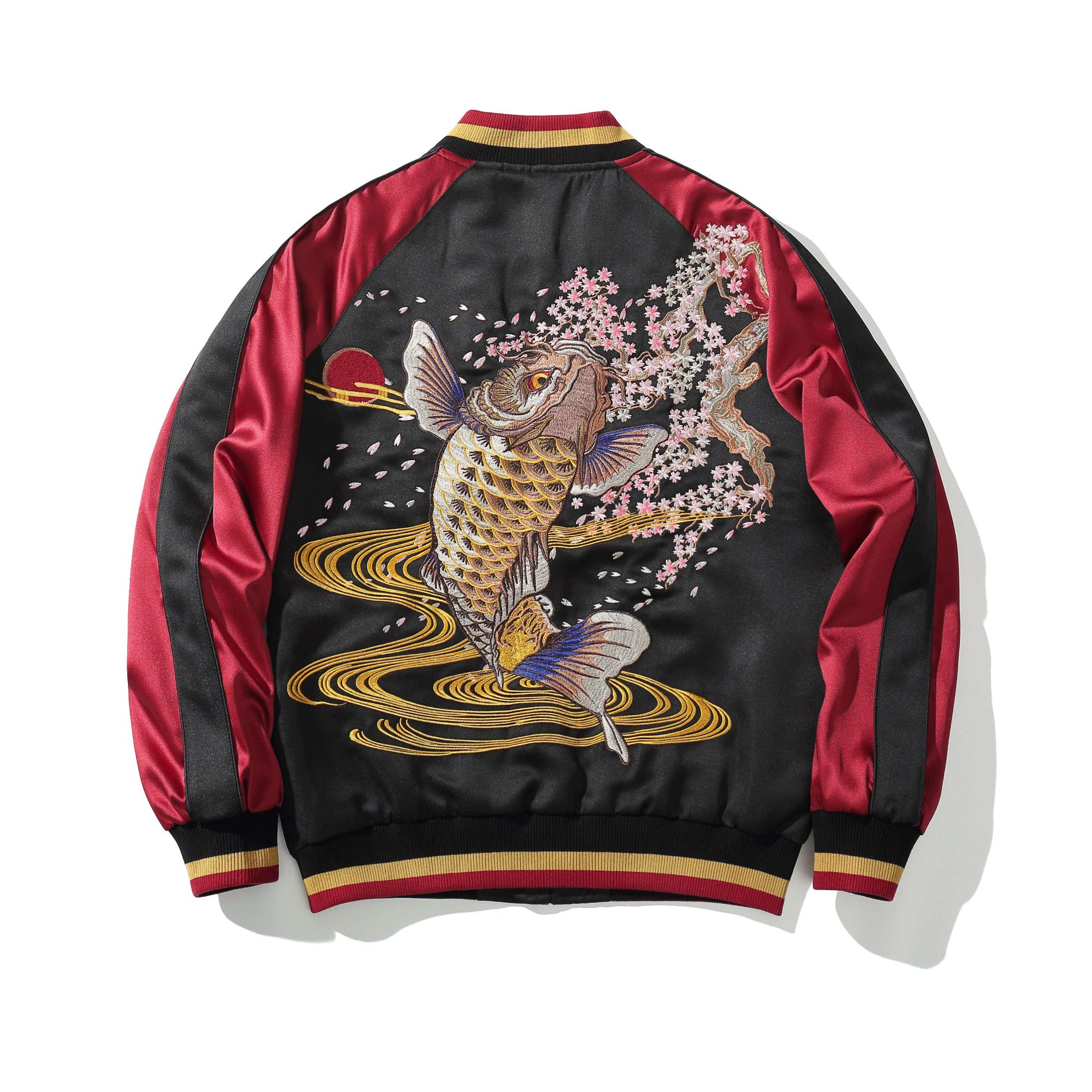 Back view in red sleeves highlighting the full golden koi and sakura scene with a red sun