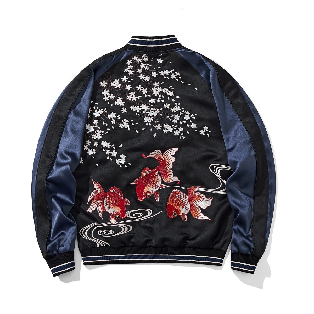 Back view of navy sukajan jacket showing three goldfish beneath cascading sakura and flowing water