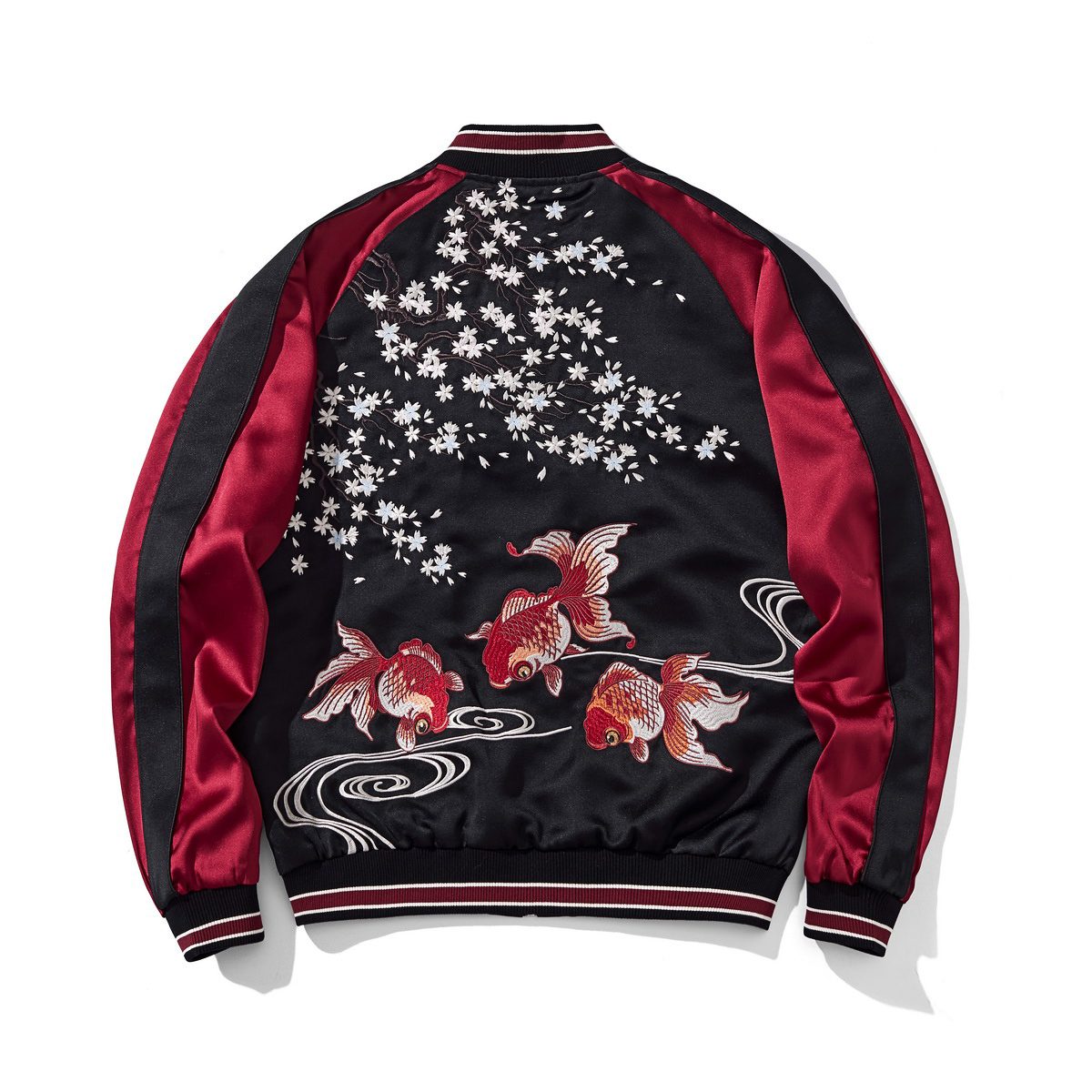 Back view of red sukajan jacket featuring the goldfish trio and drifting sakura