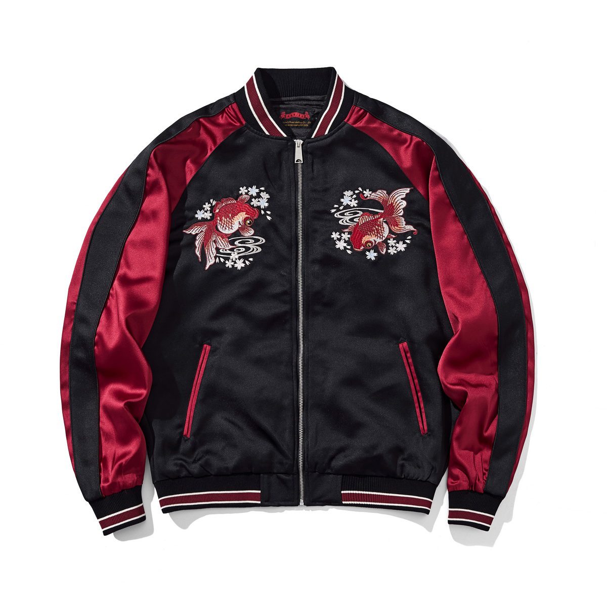 Front view of red sukajan jacket with mirrored goldfish embroidery and striped rib trims