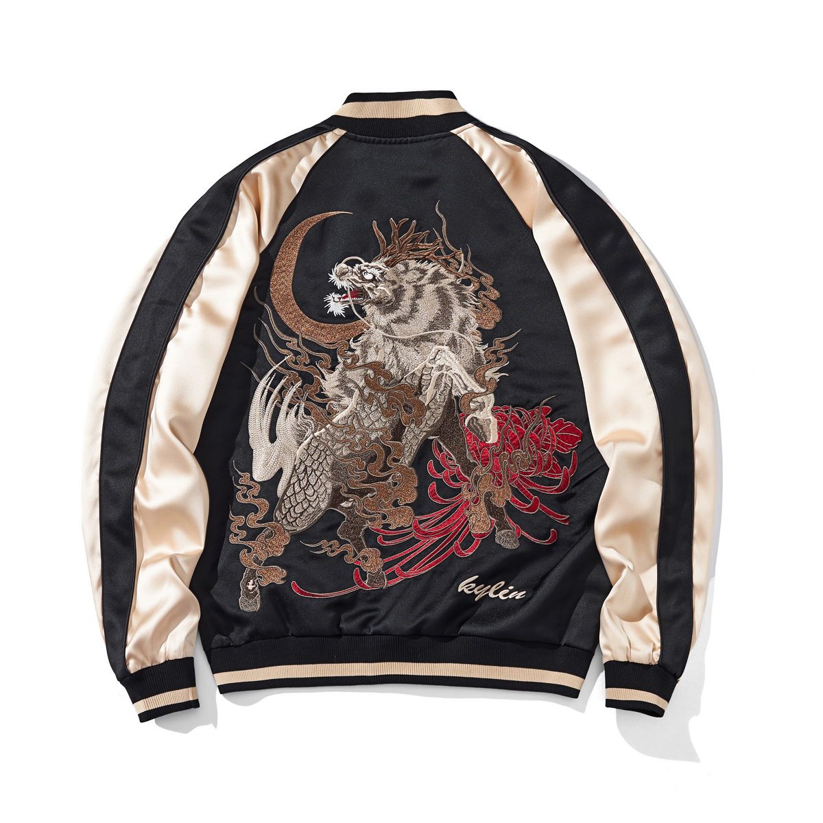 Back view in beige featuring a roaring kirin beneath a crescent moon with swirling clouds