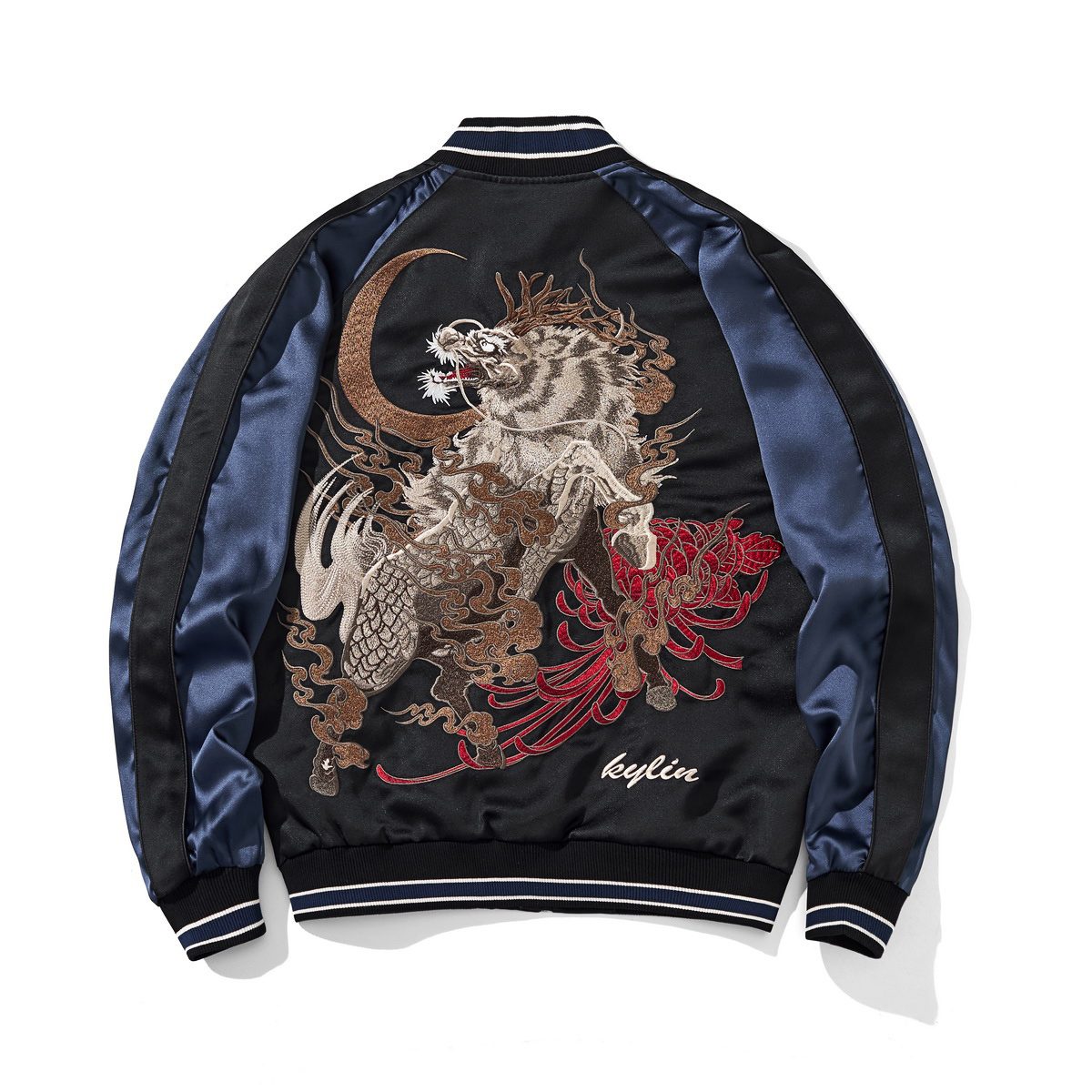 Back view in navy featuring a roaring kirin beneath a crescent moon with swirling clouds