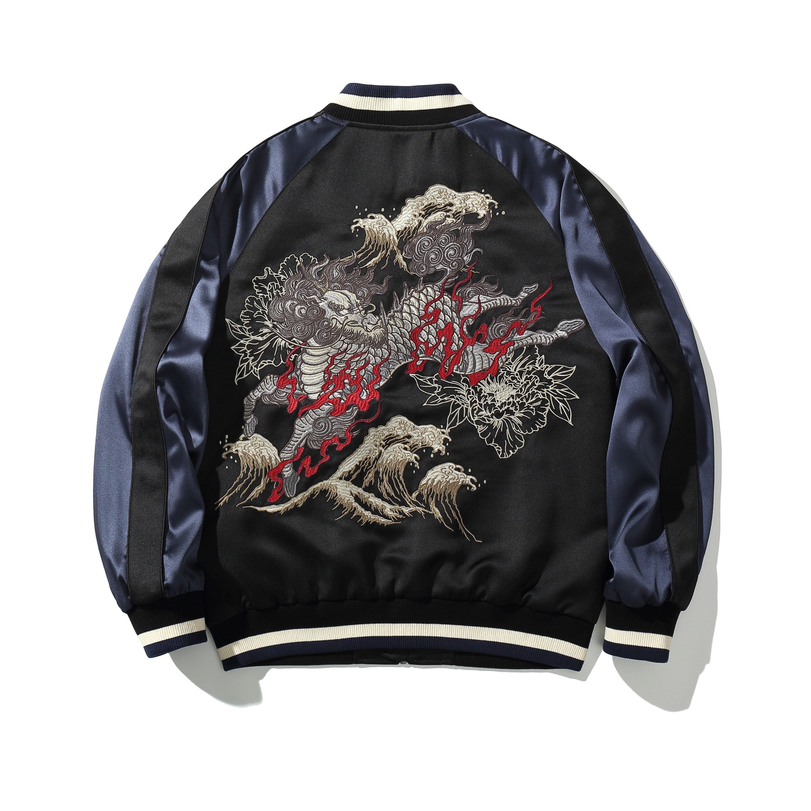 Back view of navy sukajan jacket featuring the large kirin scene over waves and peonies
