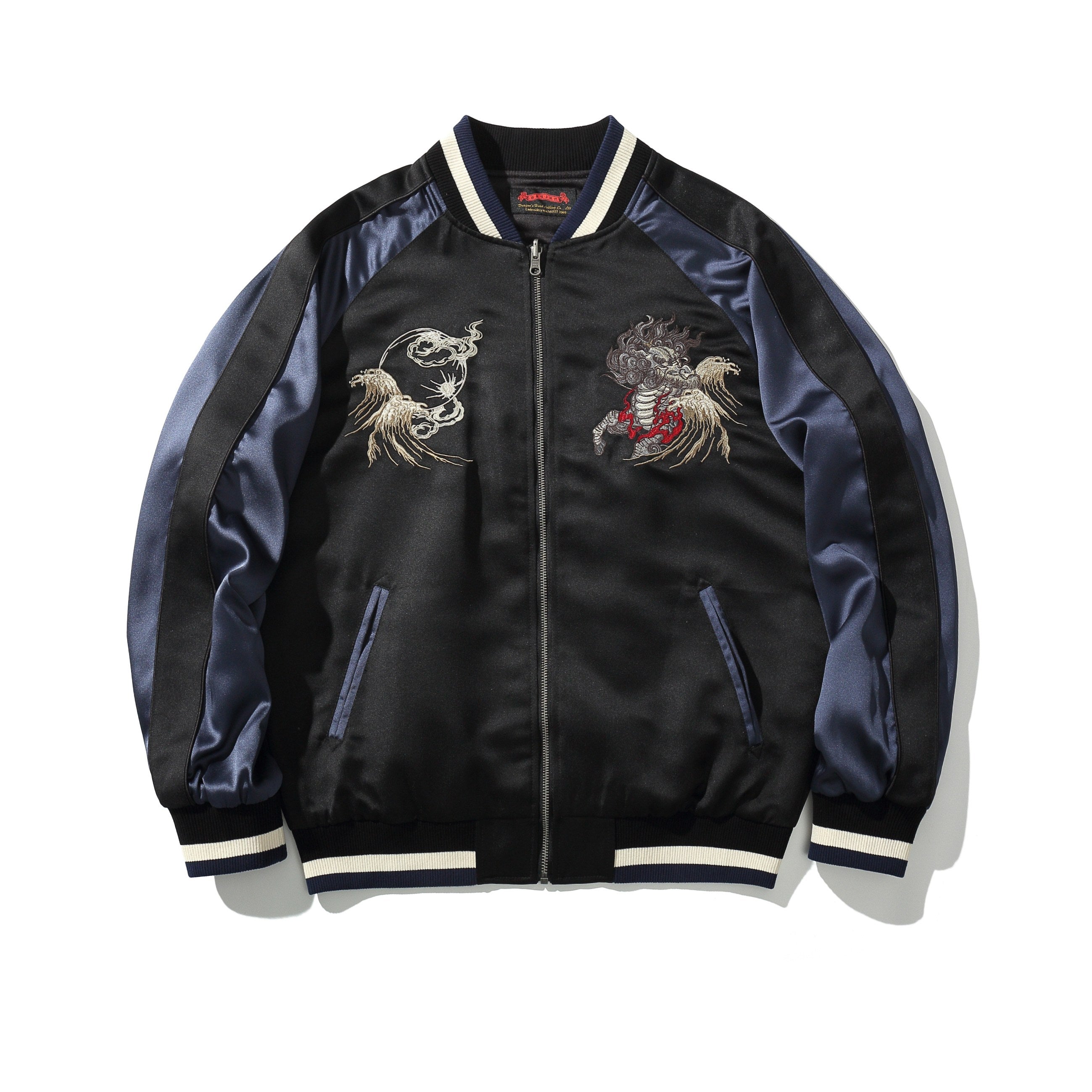 Front view of navy sukajan jacket with twin chest kirin and wave crest motifs