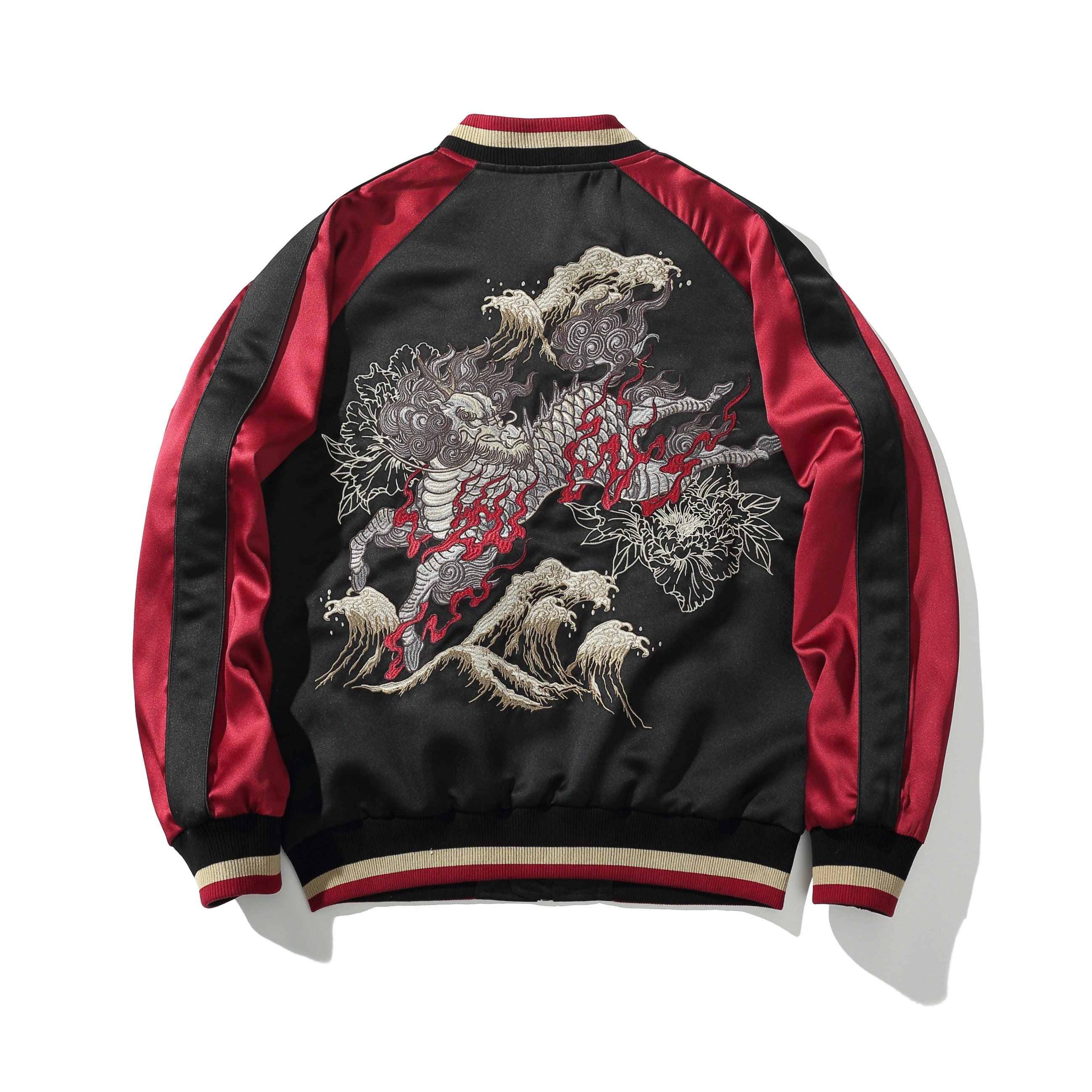 Back view of red sukajan jacket showcasing the galloping kirin amid peonies and cresting waves