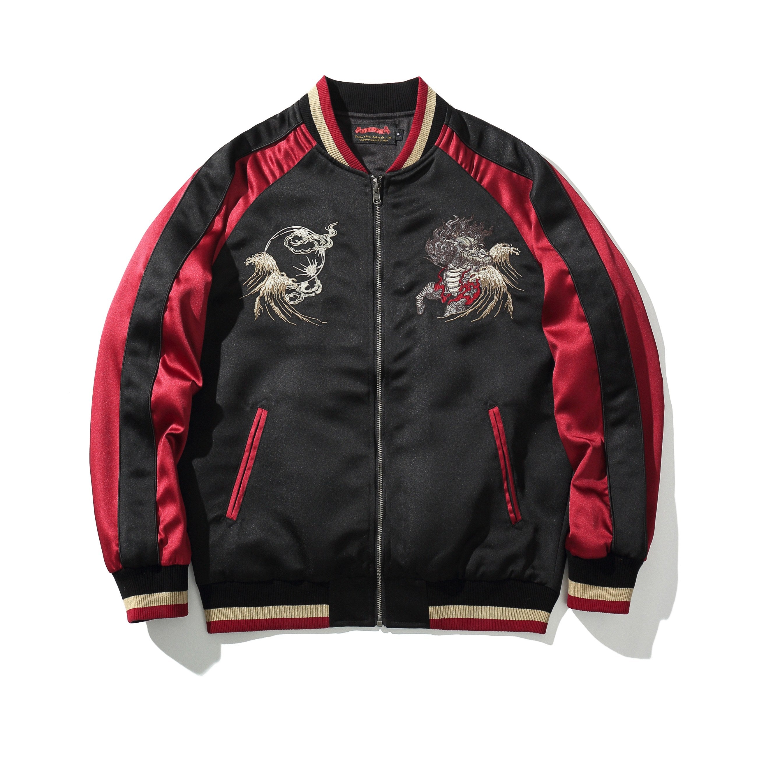 Front view of navy sukajan jacket with twin chest kirin and wave crest motifs