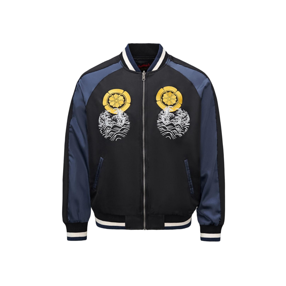 Front view of the black and navy sukajan featuring twin crests above wave embroidery