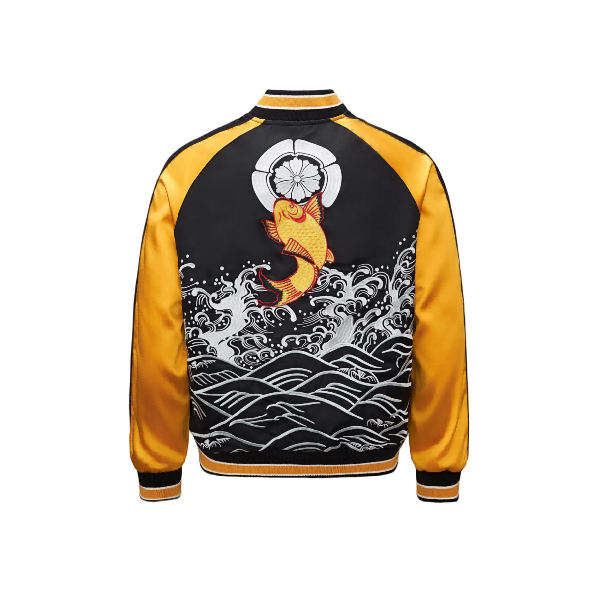 Back view of the black and yellow sukajan with a leaping koi over stylized waves and crest