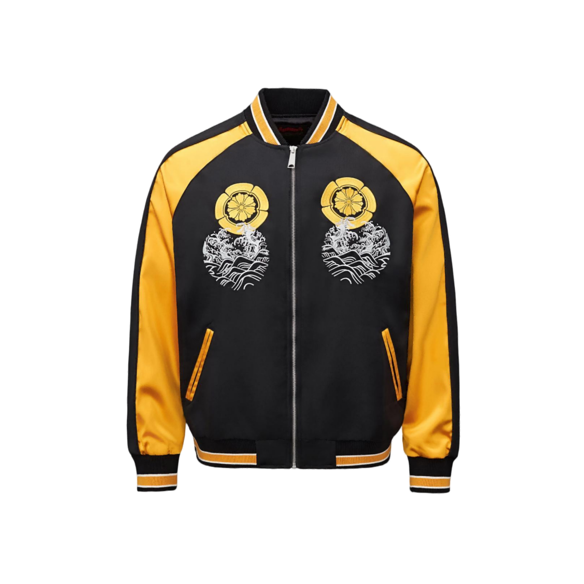 Front view of the yellow and black sukajan featuring twin crests above wave embroidery