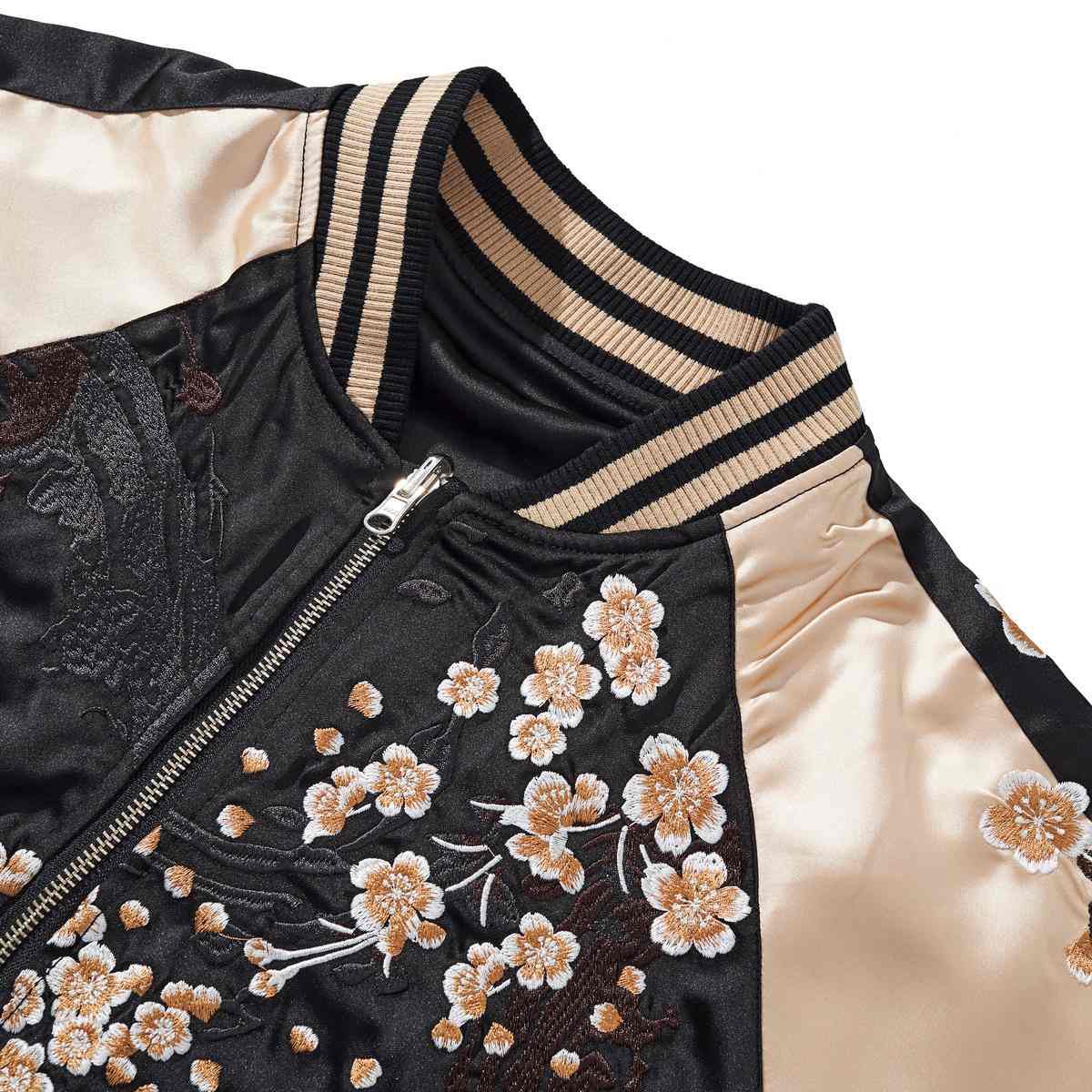 Beige color sukajan jacket collar and chest with cascading sakura embroidery and metal zipper.
