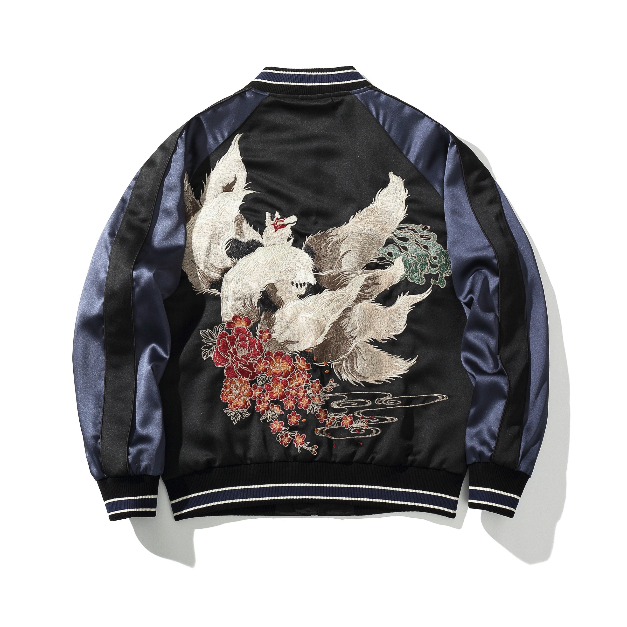 Back view showcasing the nine-tailed fox surrounded by peony blossoms and swirling clouds