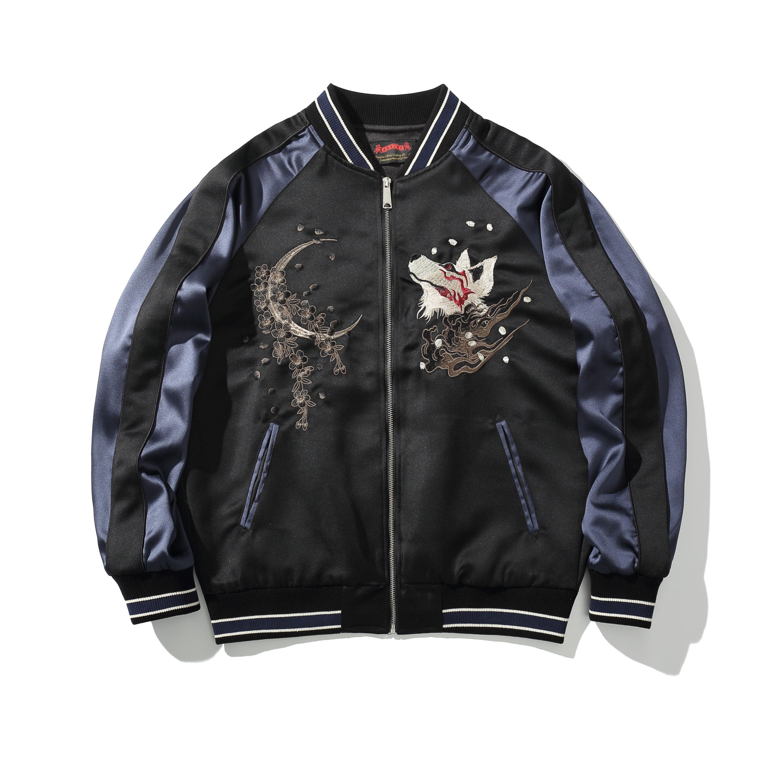 Front view featuring crescent-moon blossoms and fox-spirit chest embroidery