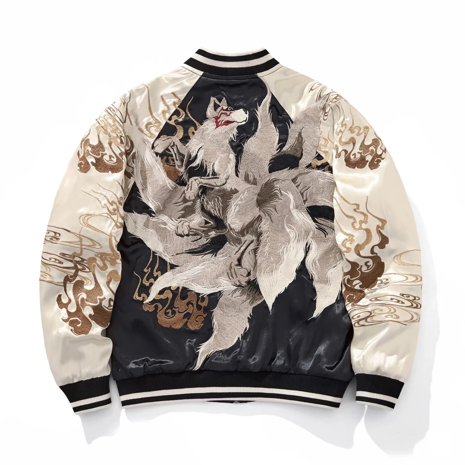Back view of Black and Cream souvenir jacket with large Nine-Tailed Fox (Kyubi) embroidery.