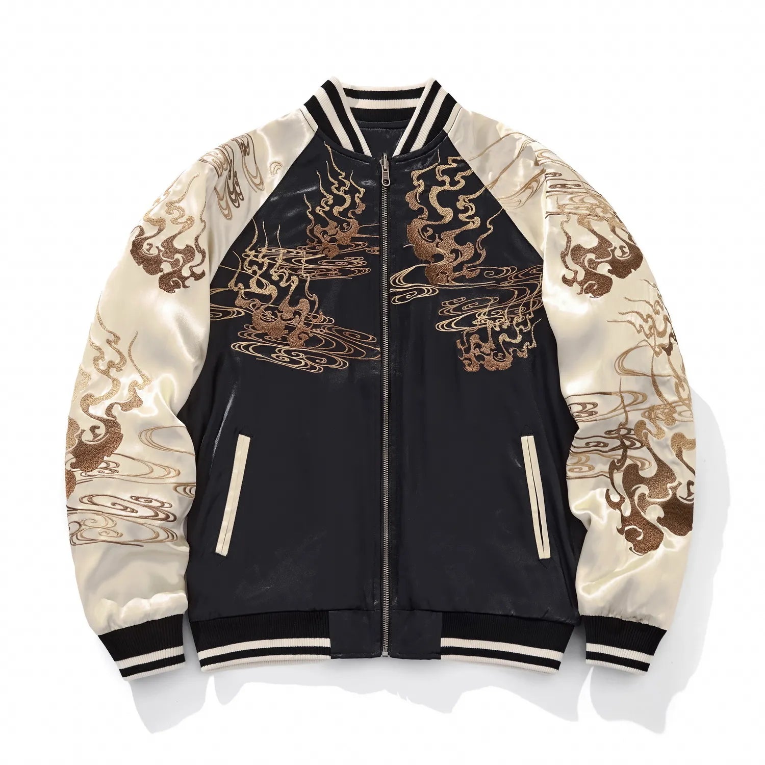 Front view of Black and Cream satin Sukajan jacket featuring gold spirit cloud embroidery.