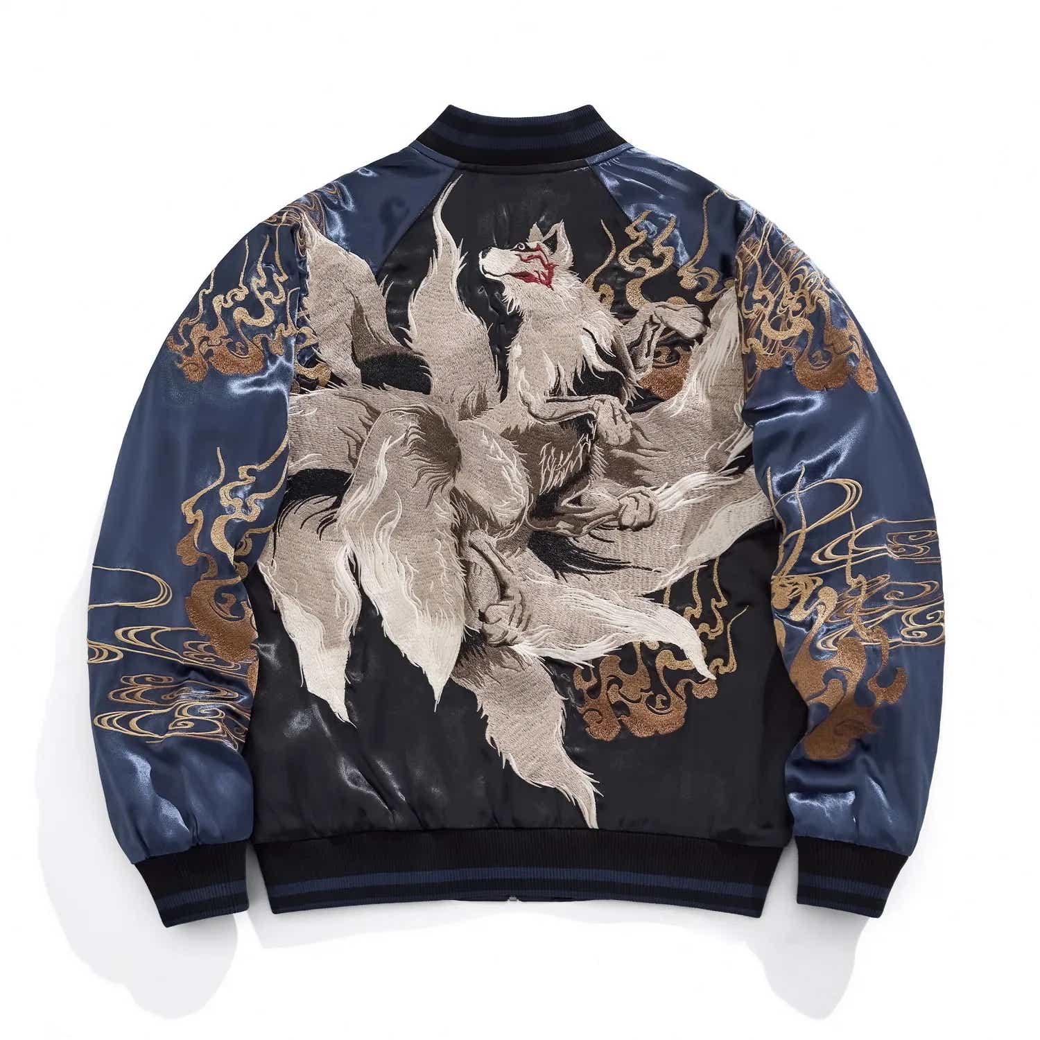 Back view of the jacket featuring a large, high-density embroidery of the white Nine-Tailed Fox (Kyubi no Kitsune).