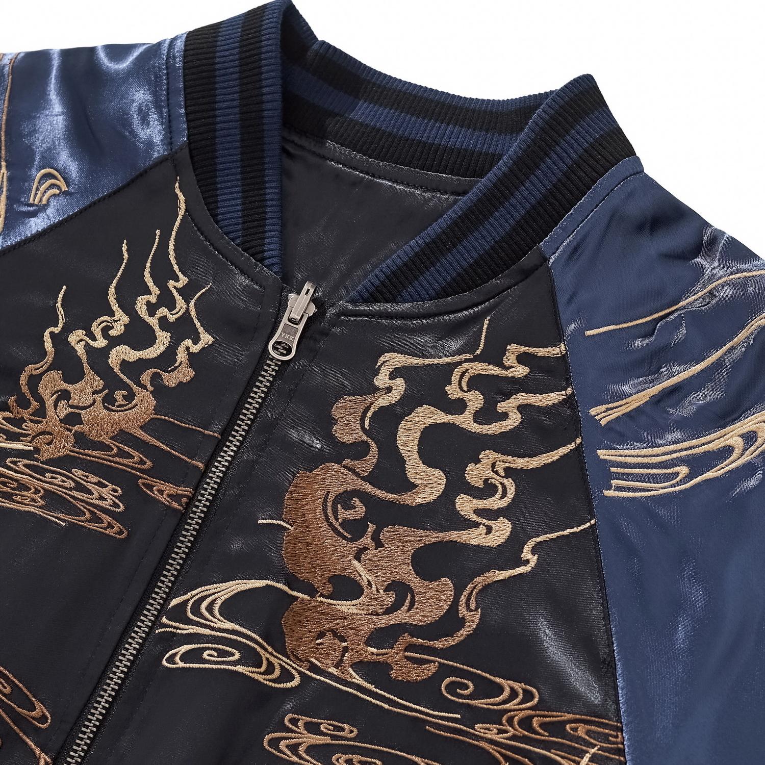 Close-up of the ribbed collar and chest embroidery on the midnight blue version.