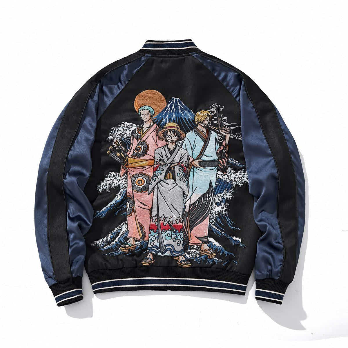 Back view featuring Luffy, Zoro, and Sanji in kimono with Fuji and rising sun