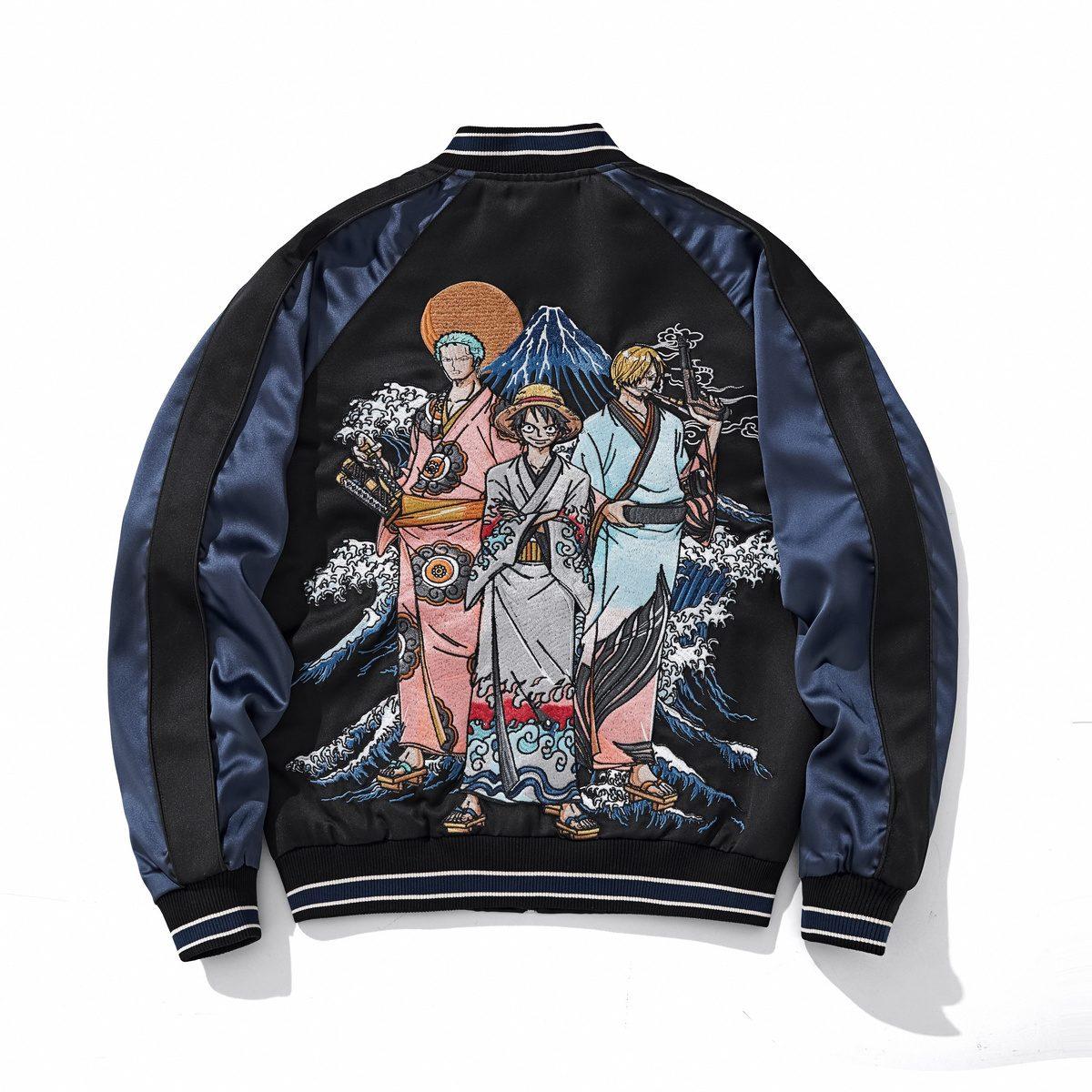 Back view featuring Luffy, Zoro, and Sanji in kimono with Fuji and rising sun