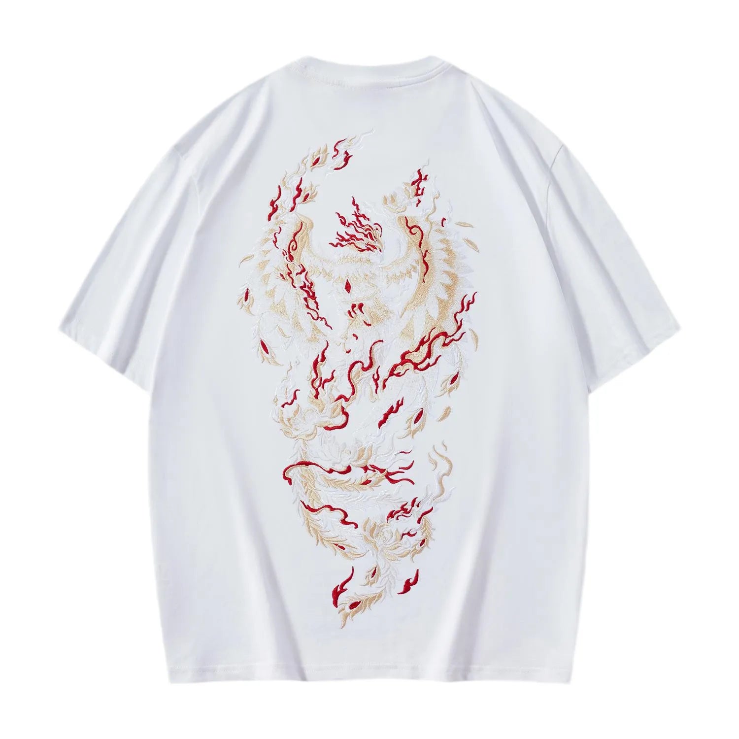 Back view of white pure cotton tee showcasing an intricate gold and red Phoenix embroidery.
