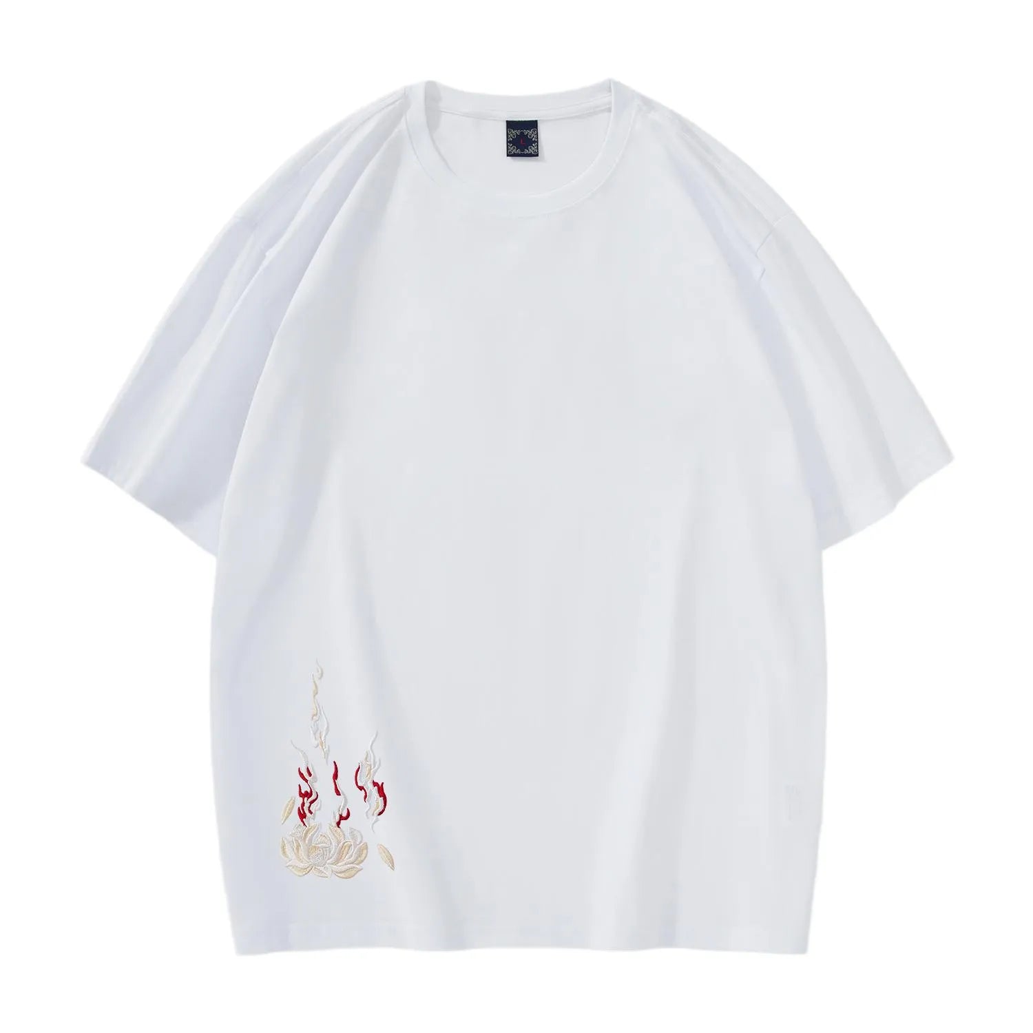 Front view of white cotton T-shirt featuring a subtle spirit flame and lotus embroidery detail.