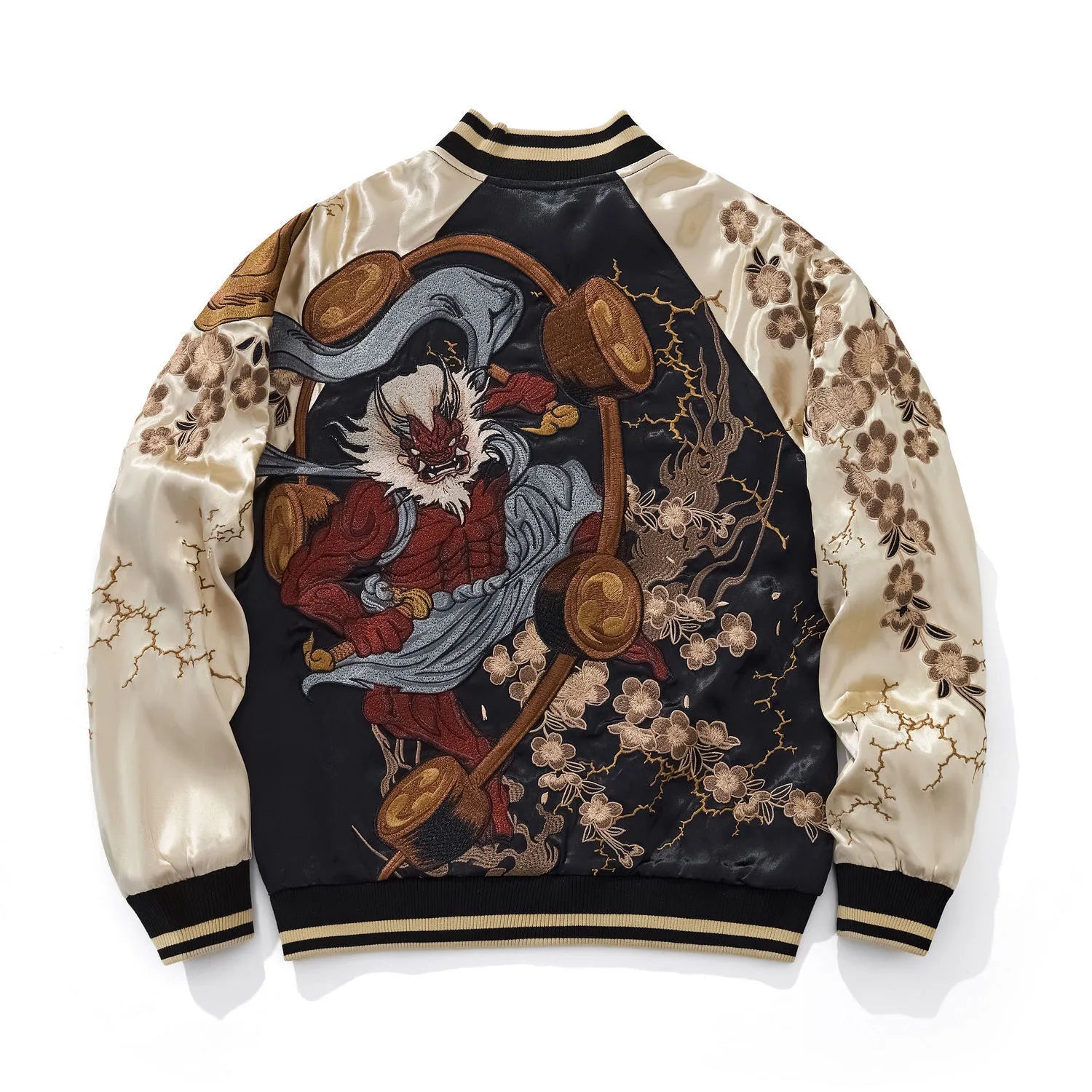 Back view of beige Rayon souvenir jacket featuring Red Thunder God (Raijin) beating drums amidst sakura.