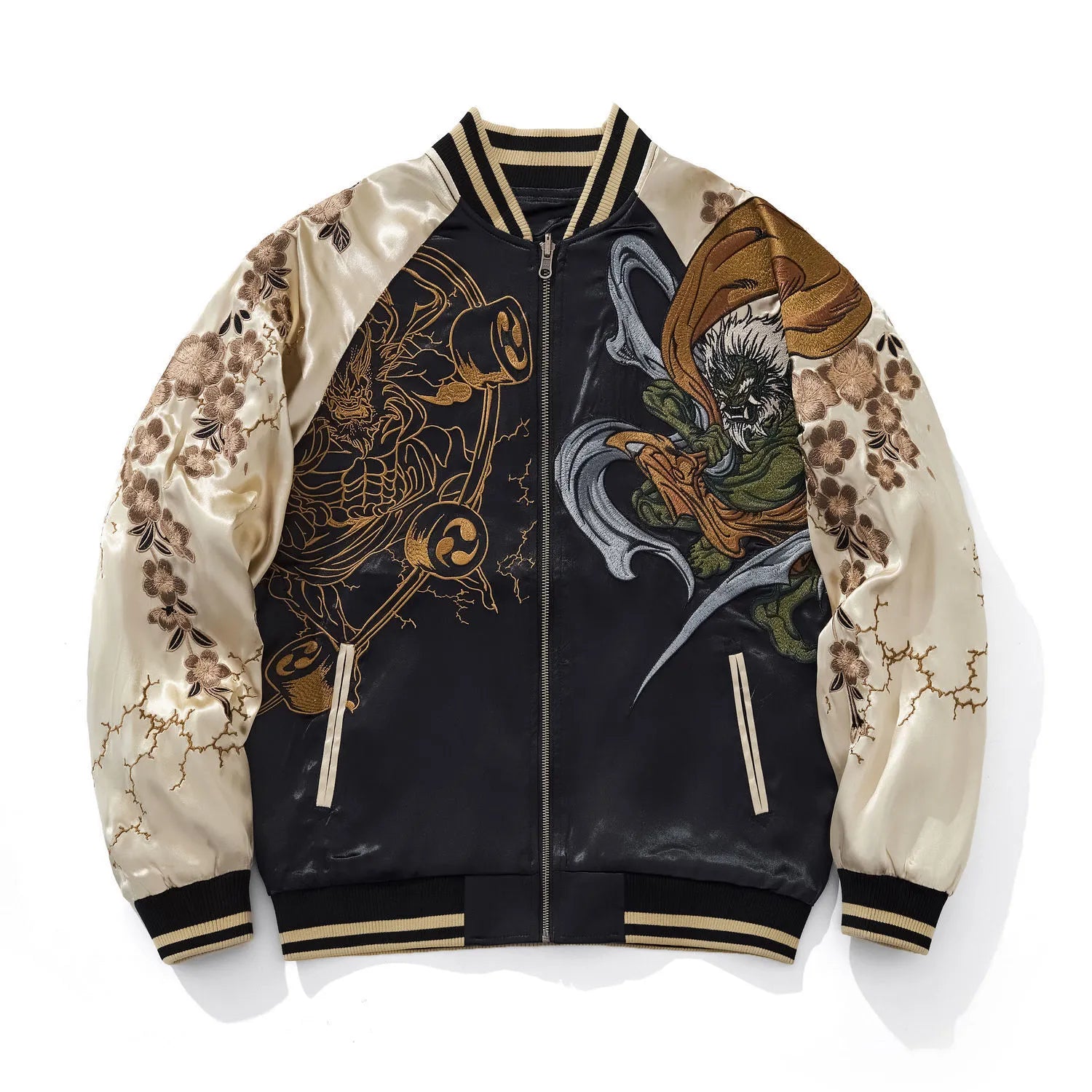 Front view of beige Rayon Sukajan jacket with Wind God and Thunder God chest embroidery.