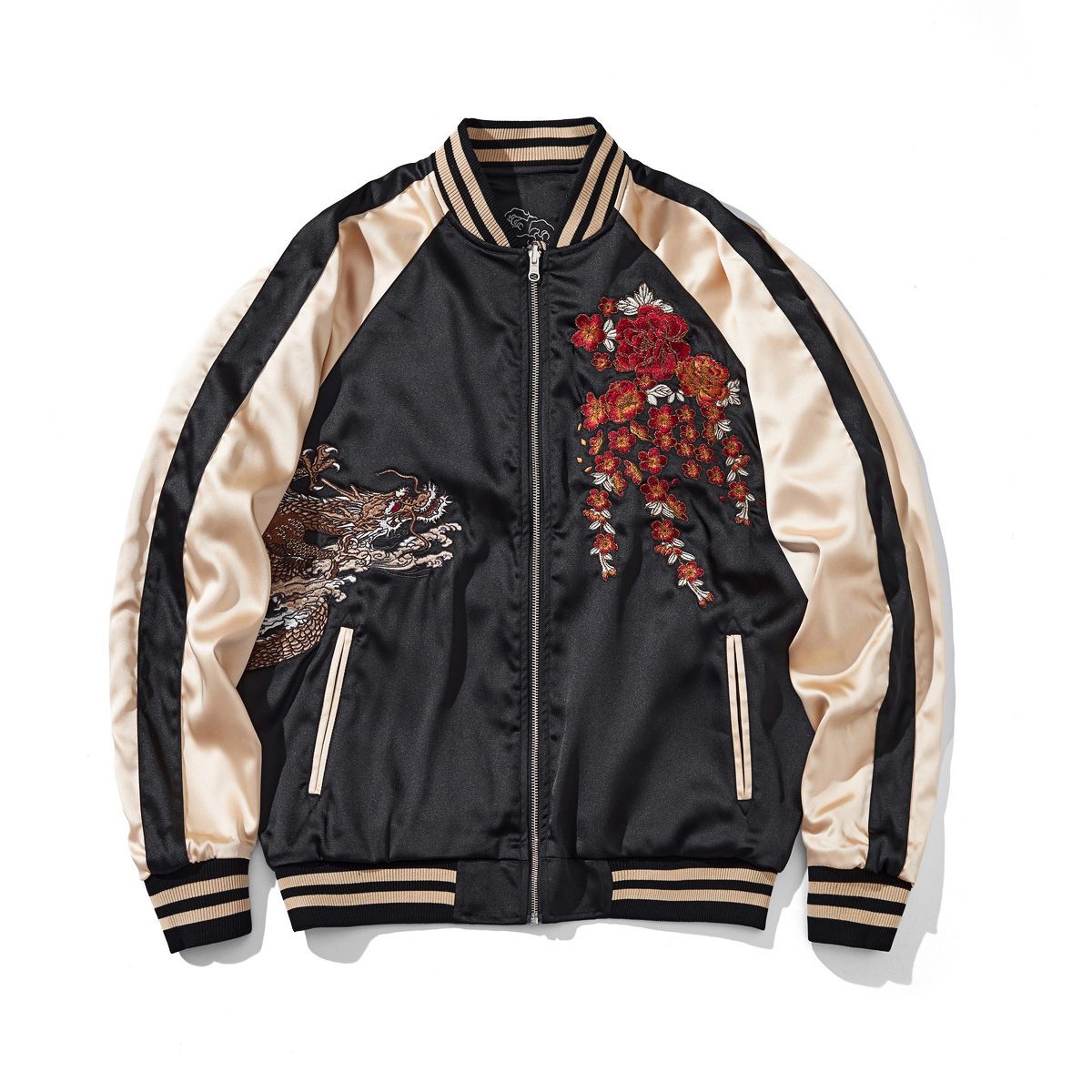 Front view of the beige colorway, peony face, featuring cascading peony blossoms with a partial dragon motif