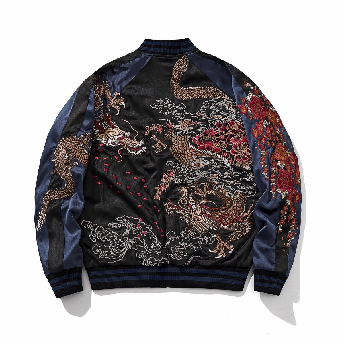 Back view, navy color sukajan jacket featuring twin dragons, waves, and peony clusters.