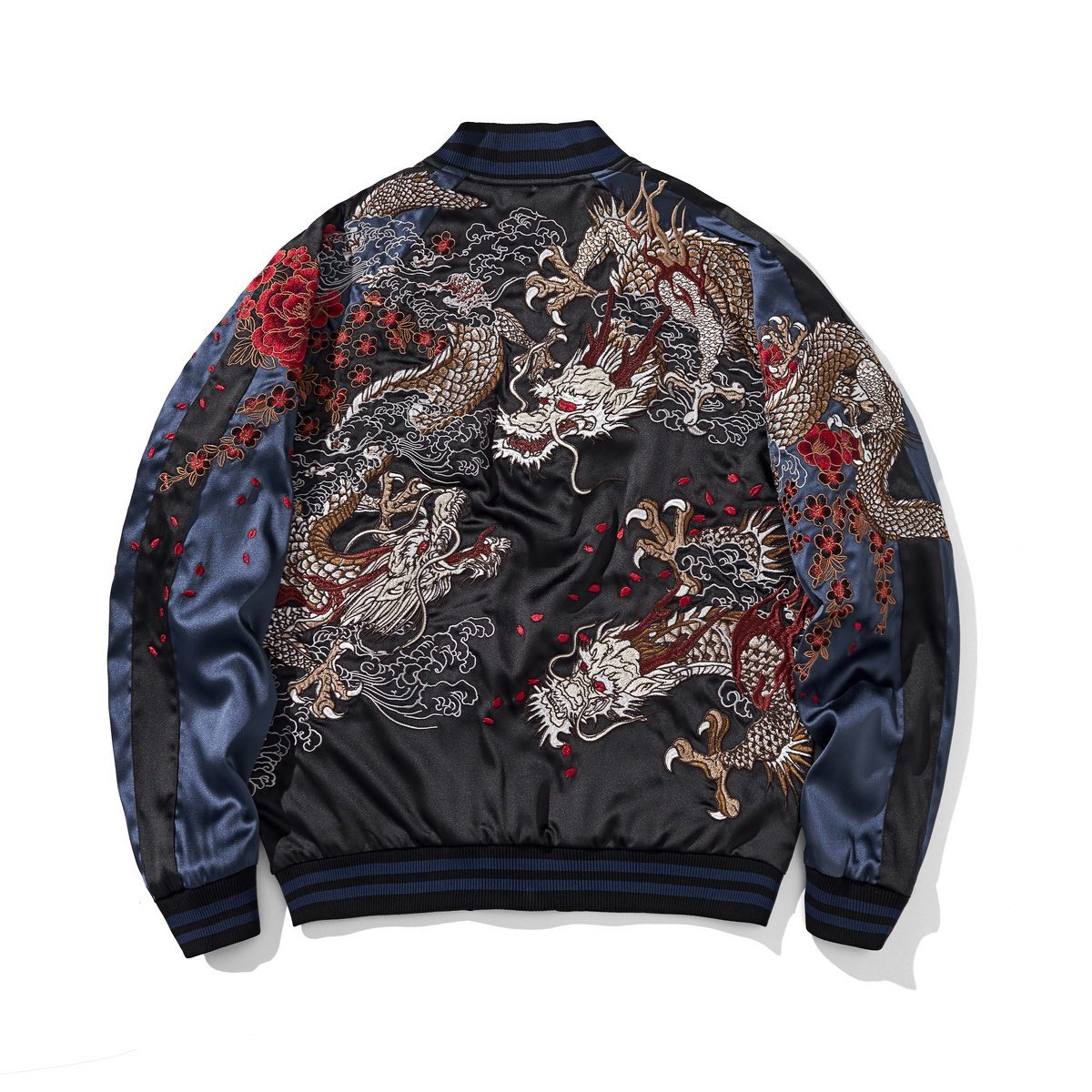 Back view of the navy colorway, dragon face, displaying an expansive multi-dragon composition with clouds and red petals