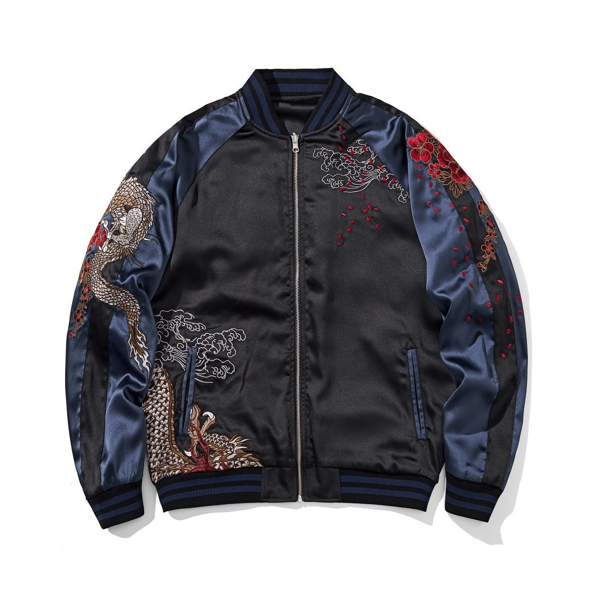 Front view of the navy colorway, dragon face, with dragon and cloud embroidery and petal accents