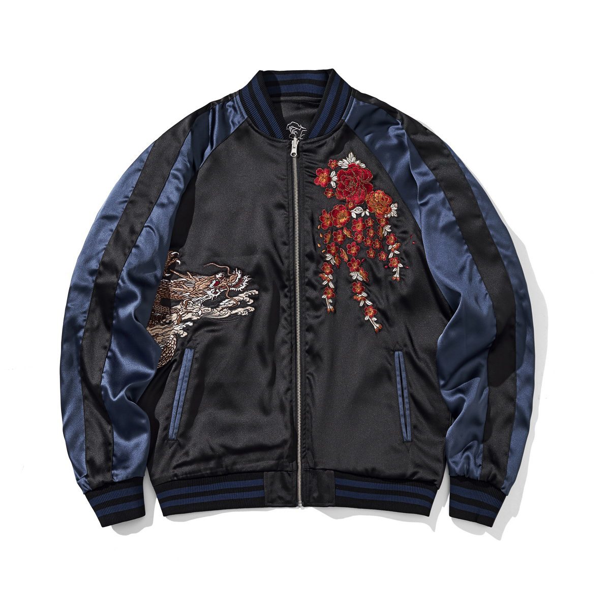 Front view of the navy colorway, peony face, showcasing a cascading peony cluster with dragon detail