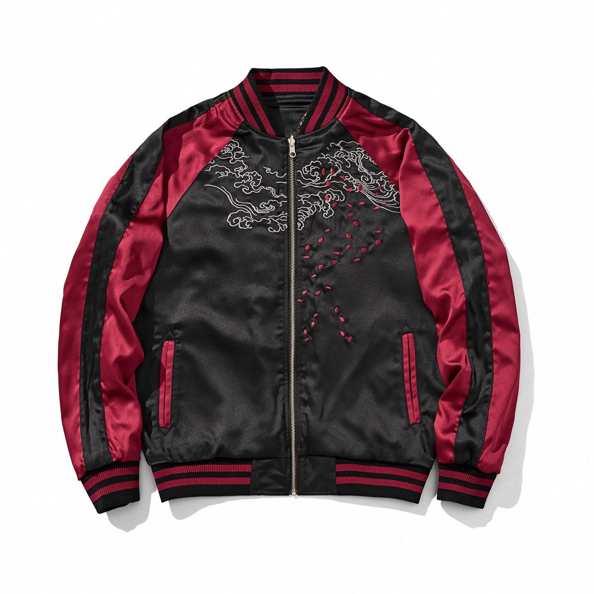 Front, reverse side—red color jacket with clouds and floating petals embroidery.