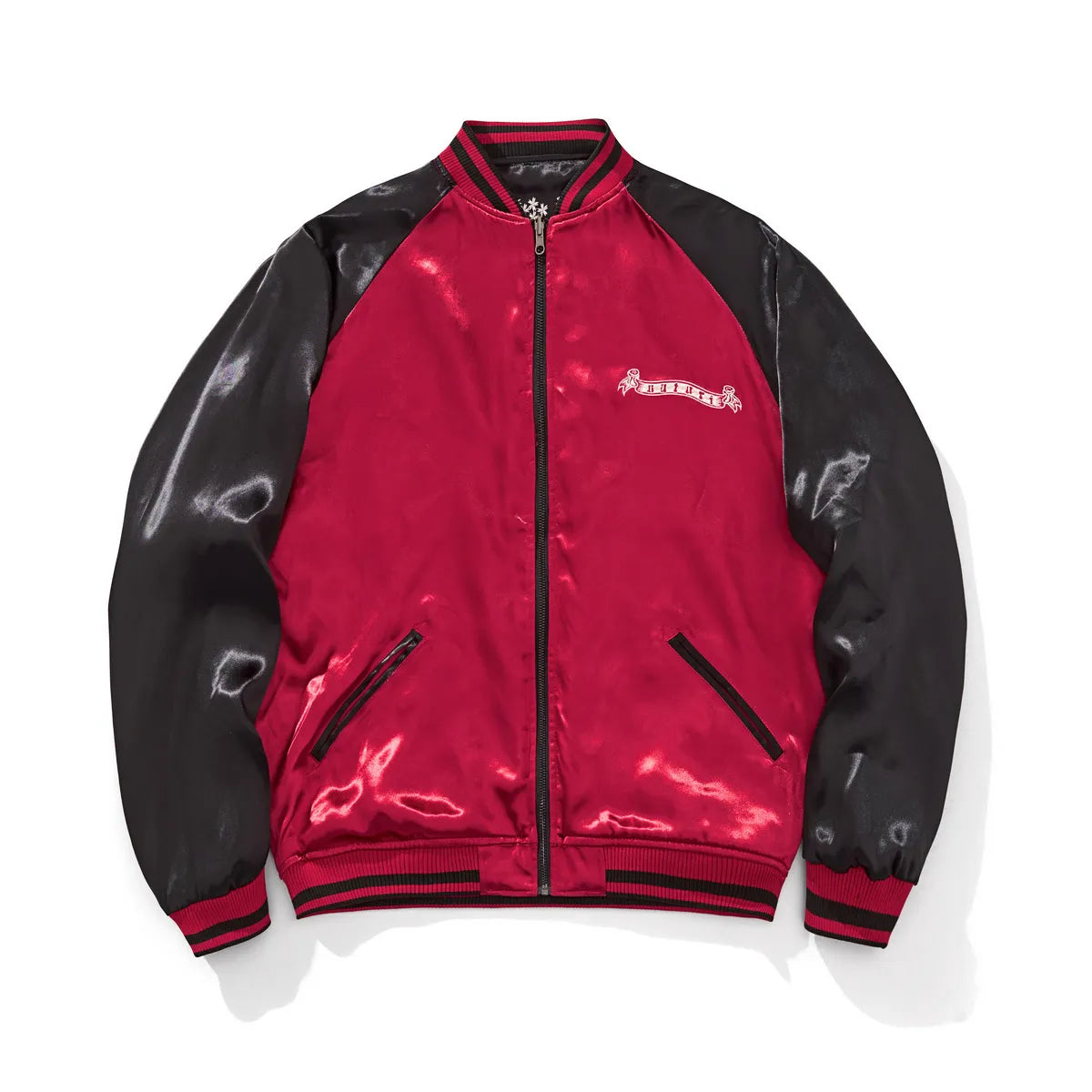 Reverse side of the Burgundy jacket featuring red body and black raglan sleeves.