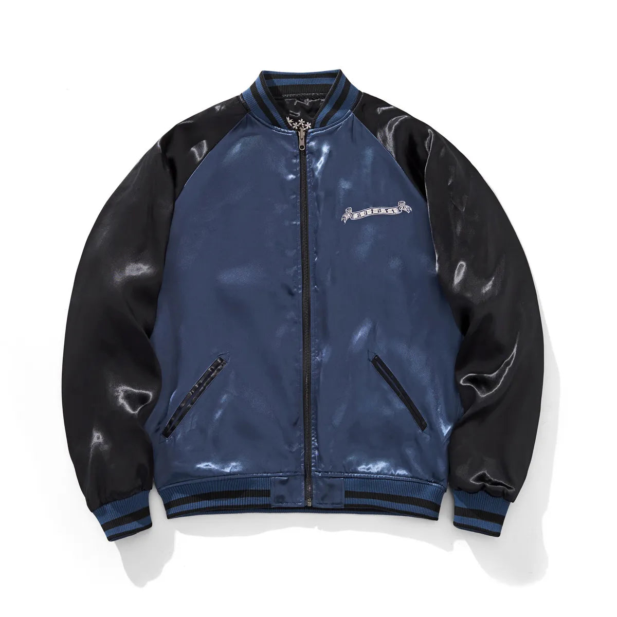 Reverse side of the Navy jacket featuring blue body, black sleeves, and vintage script chest embroidery.