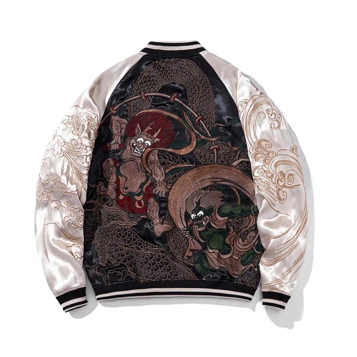 Back view of black souvenir jacket featuring heavy embroidery of Fujin and Raijin.