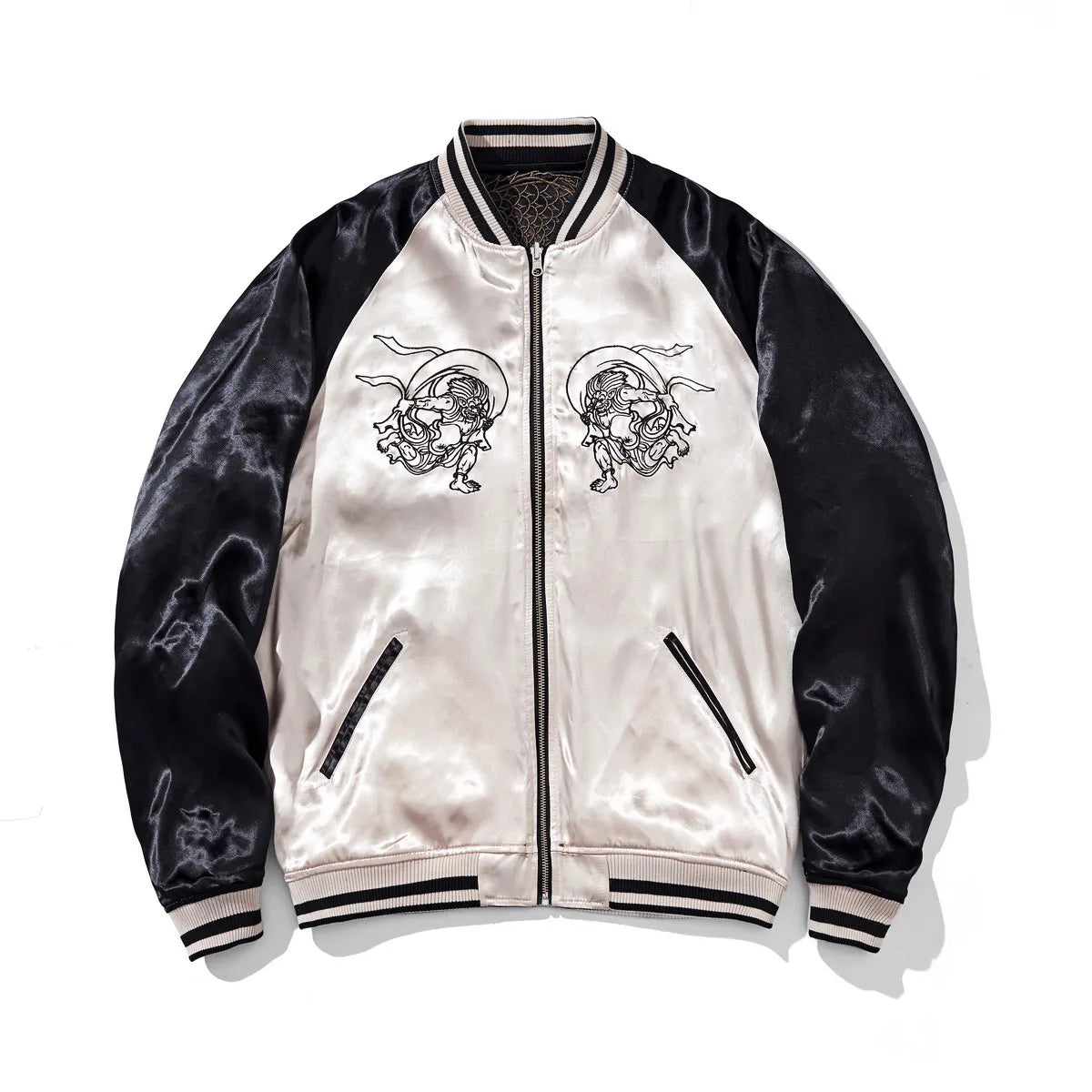 Reverse side of the jacket in champagne satin featuring simple black line-art embroidery of Wind and Thunder gods on the chest.