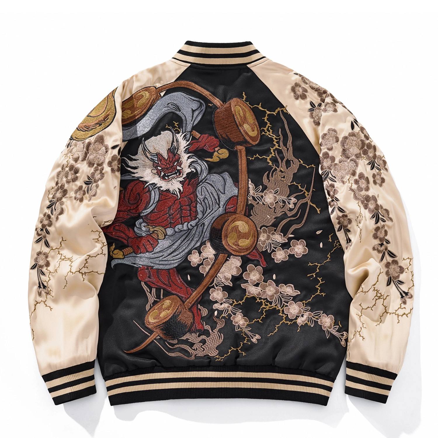 Back view, Side A, gold color sukajan jacket — large embroidered Raijin with drum ring, lightning and cherry blossoms.