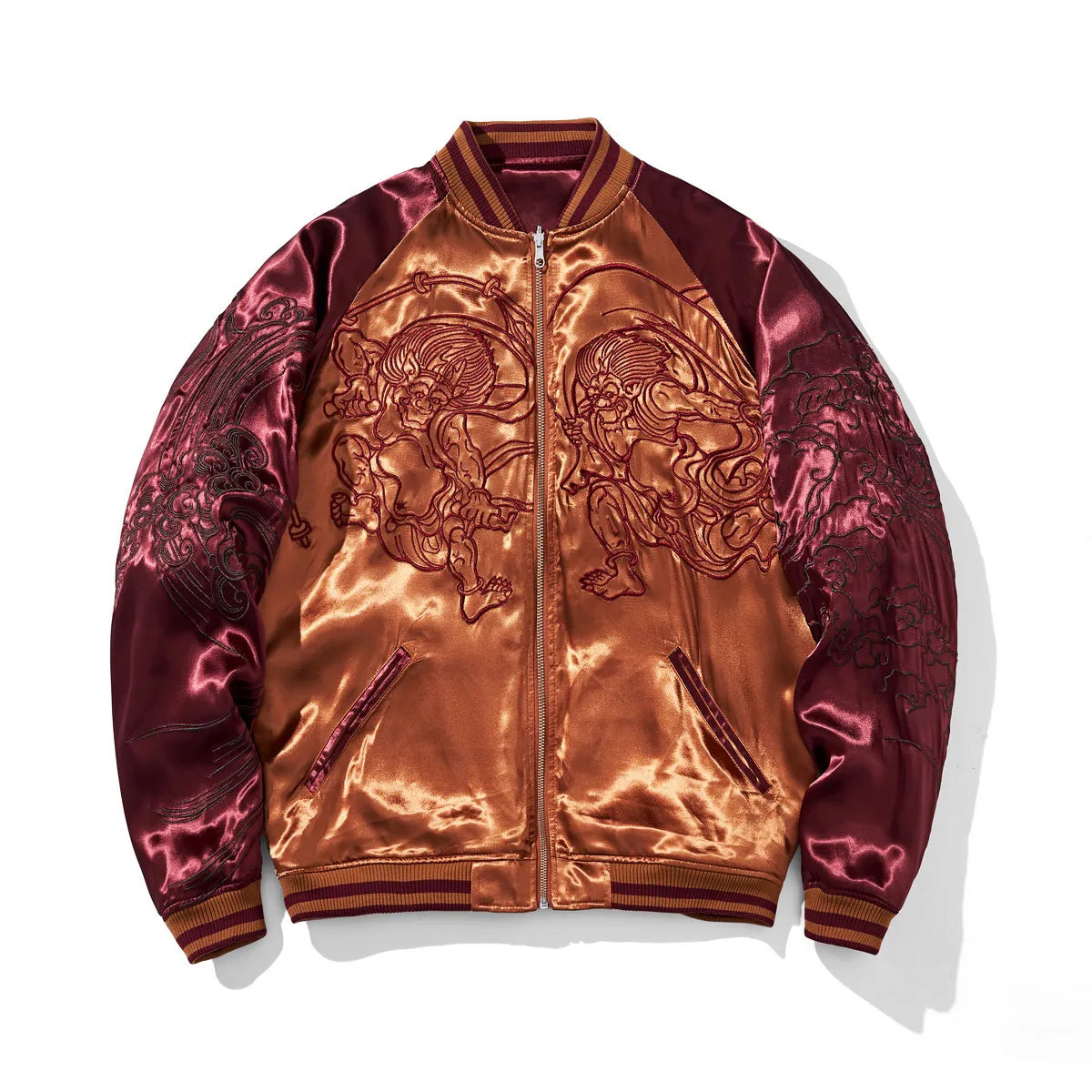 Front view of Reversible Fujin & Raijin Sukajan Jacket in wine red featuring wave sleeve embroidery.