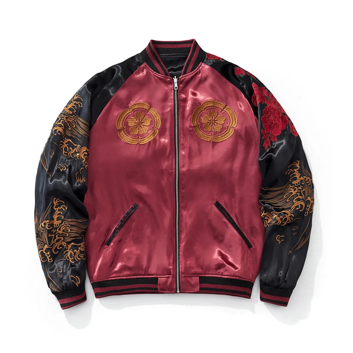 Front view of red souvenir jacket with wave embroidery on black sleeves and Oda clan floral crests on the chest.
