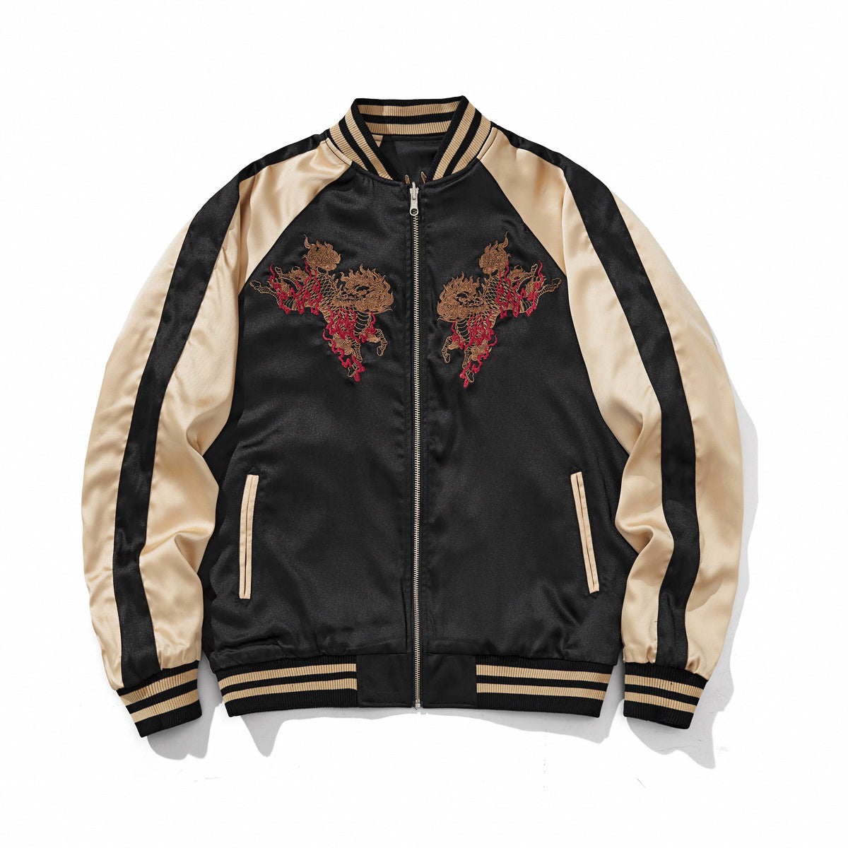 Mirrored kirin chest crests on a reversible sukajan jacket, front view, side B, beige.