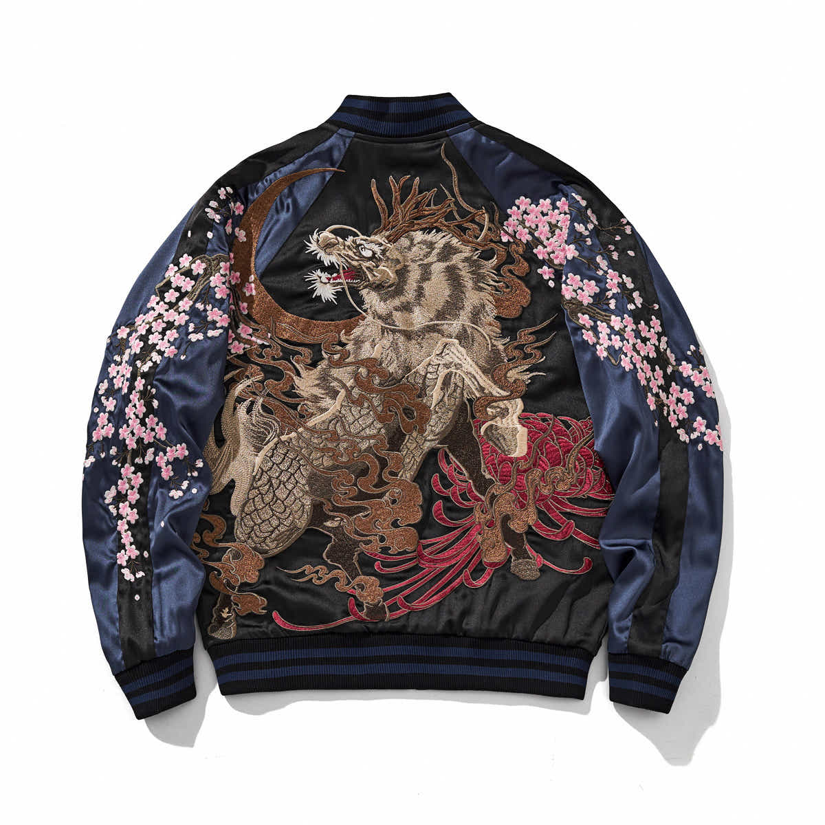 Large kirin back embroidery with clouds, crescent and cascading sakura on a reversible sukajan jacket, side A, navy.
