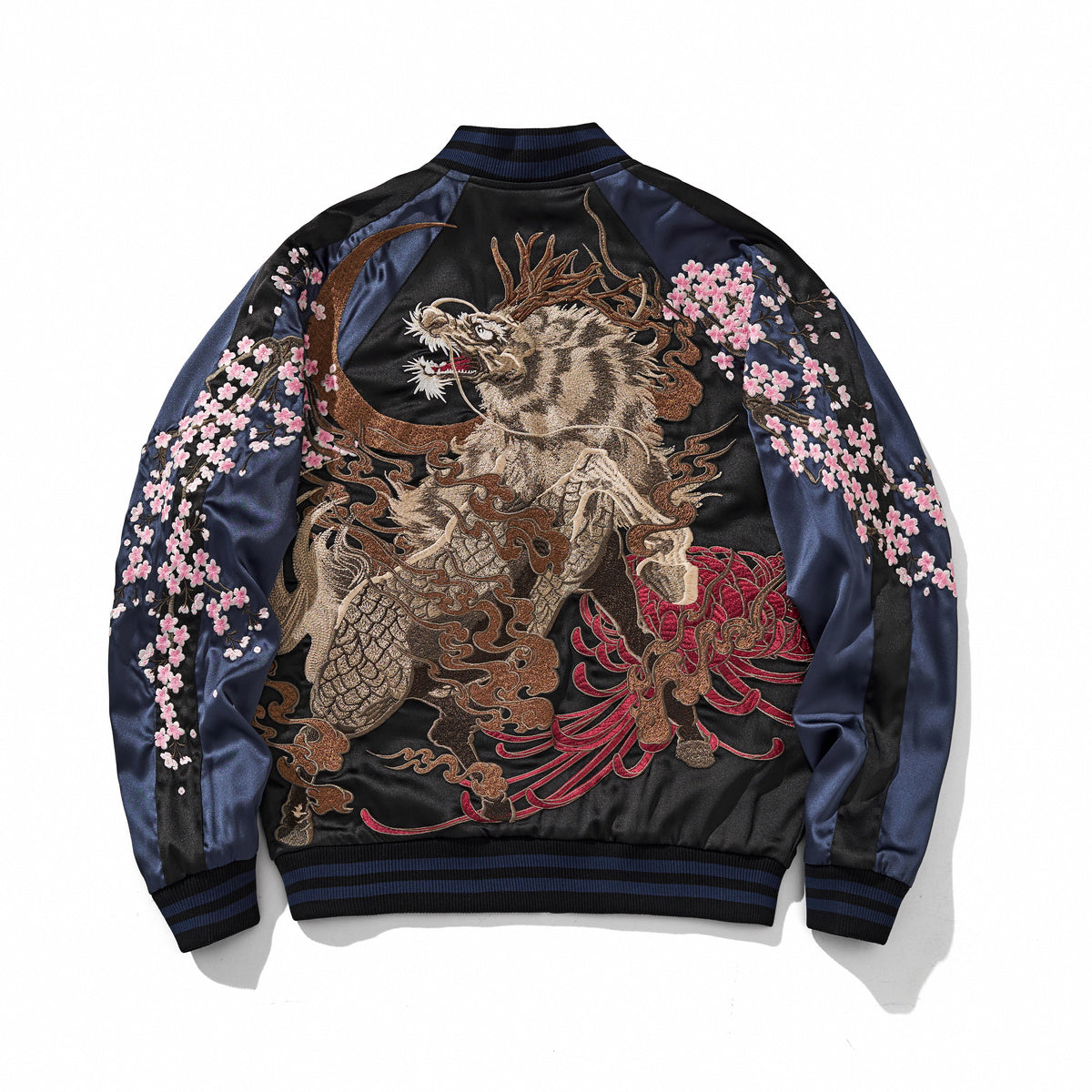Large kirin back embroidery with clouds, crescent and cascading sakura on a reversible sukajan jacket, side A, navy.