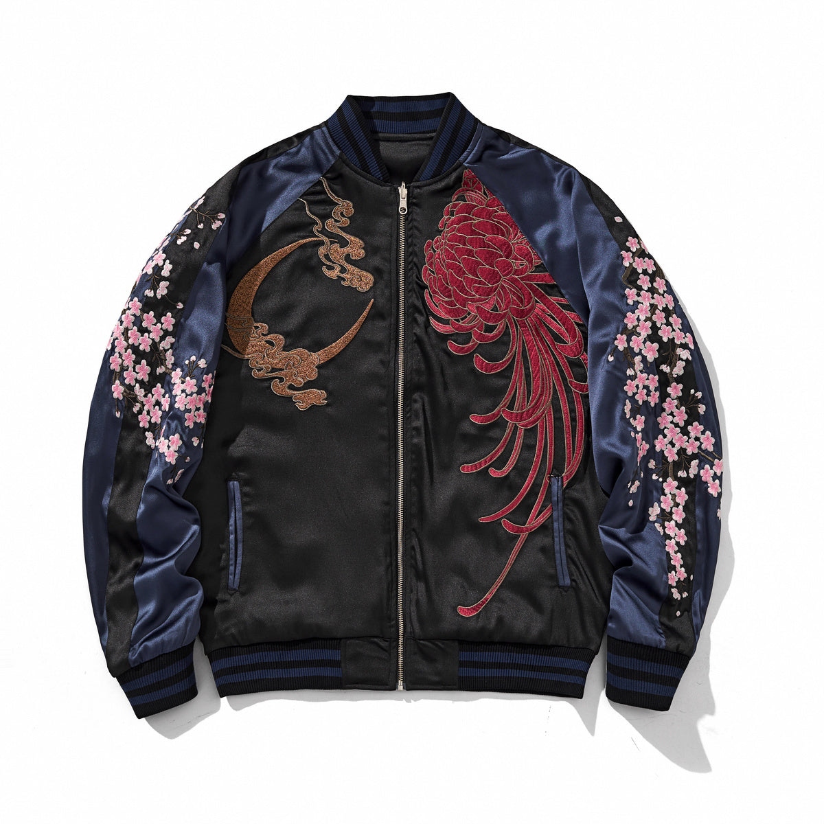 Crescent and red chrysanthemum chest embroidery on a reversible sukajan jacket, front view, side A, navy; sleeves trimmed with sakura.
