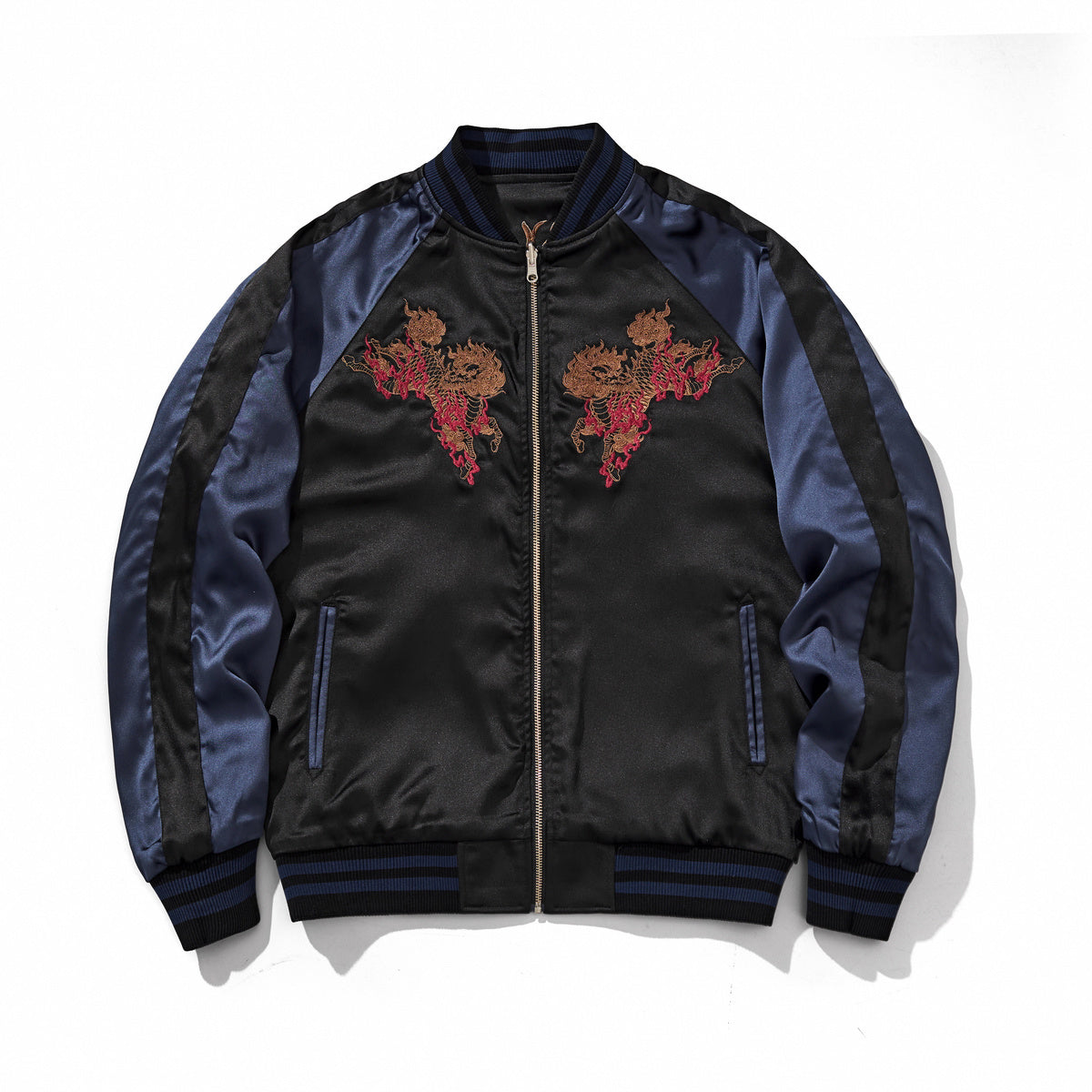 Twin kirin chest crests on a reversible sukajan jacket, front view, side B, navy.