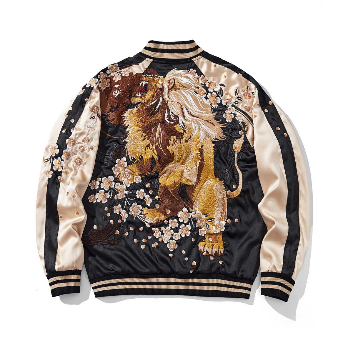 Side A back, beige color sukajan jacket — roaring lion surrounded by cascading sakura, full-back embroidery.