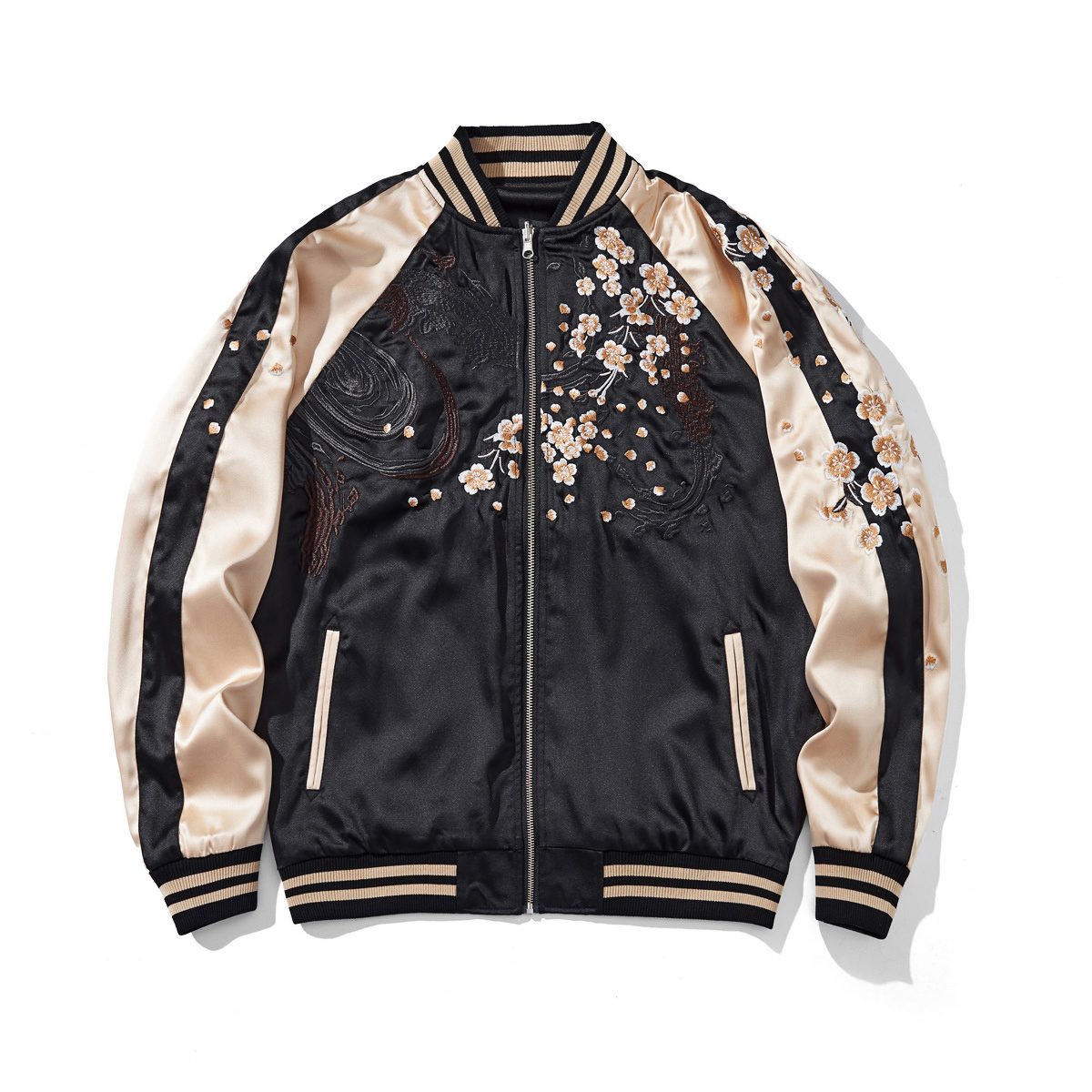 Side A front, beige color sukajan jacket — chest sakura embroidery with wave motifs, reversible style.