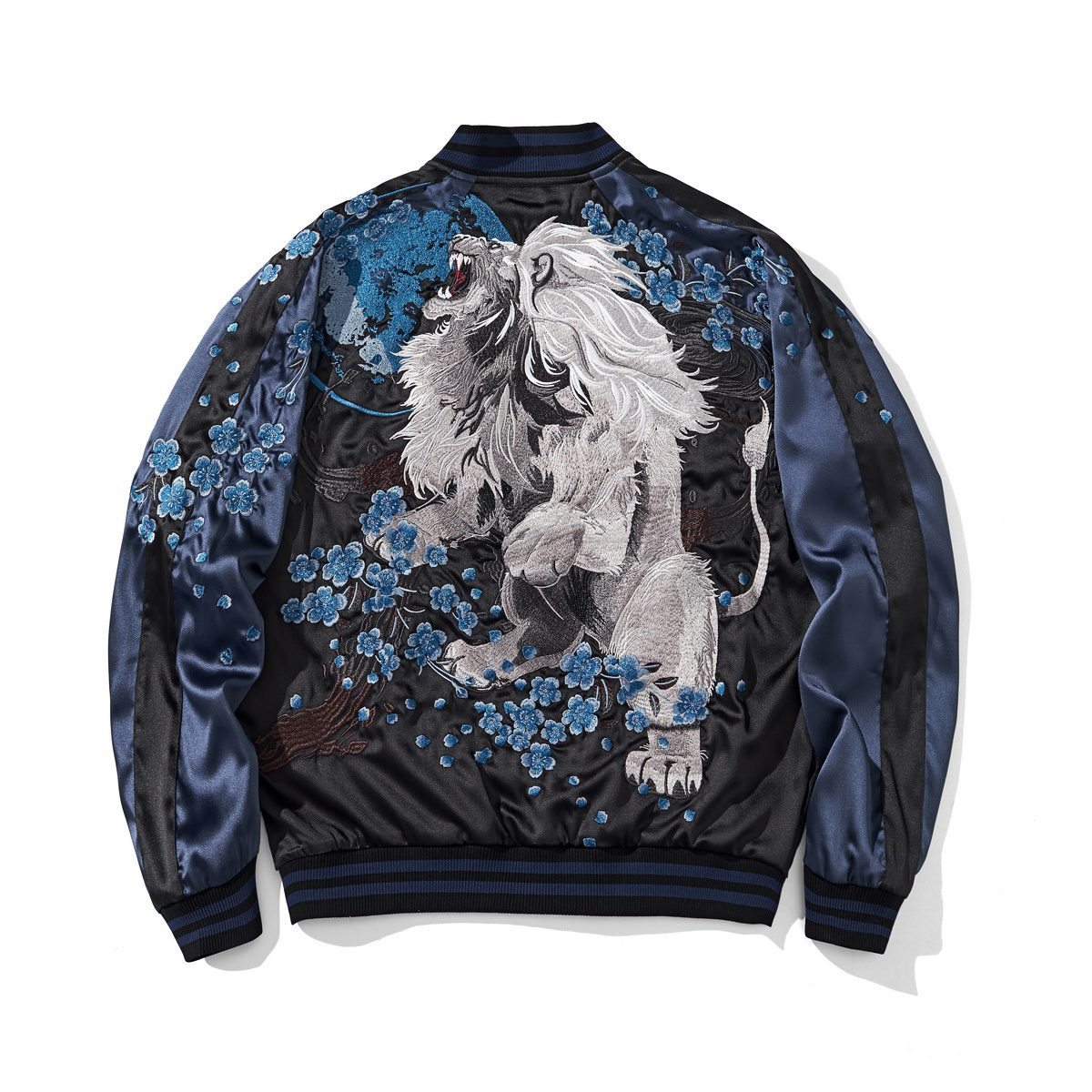 Side A back, navy color sukajan jacket — majestic lion with sakura blossoms, statement full-back embroidery.