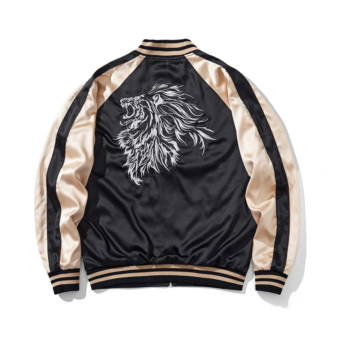 Side B back, beige color reversible sukajan jacket — bold outline lion head centered on the back.