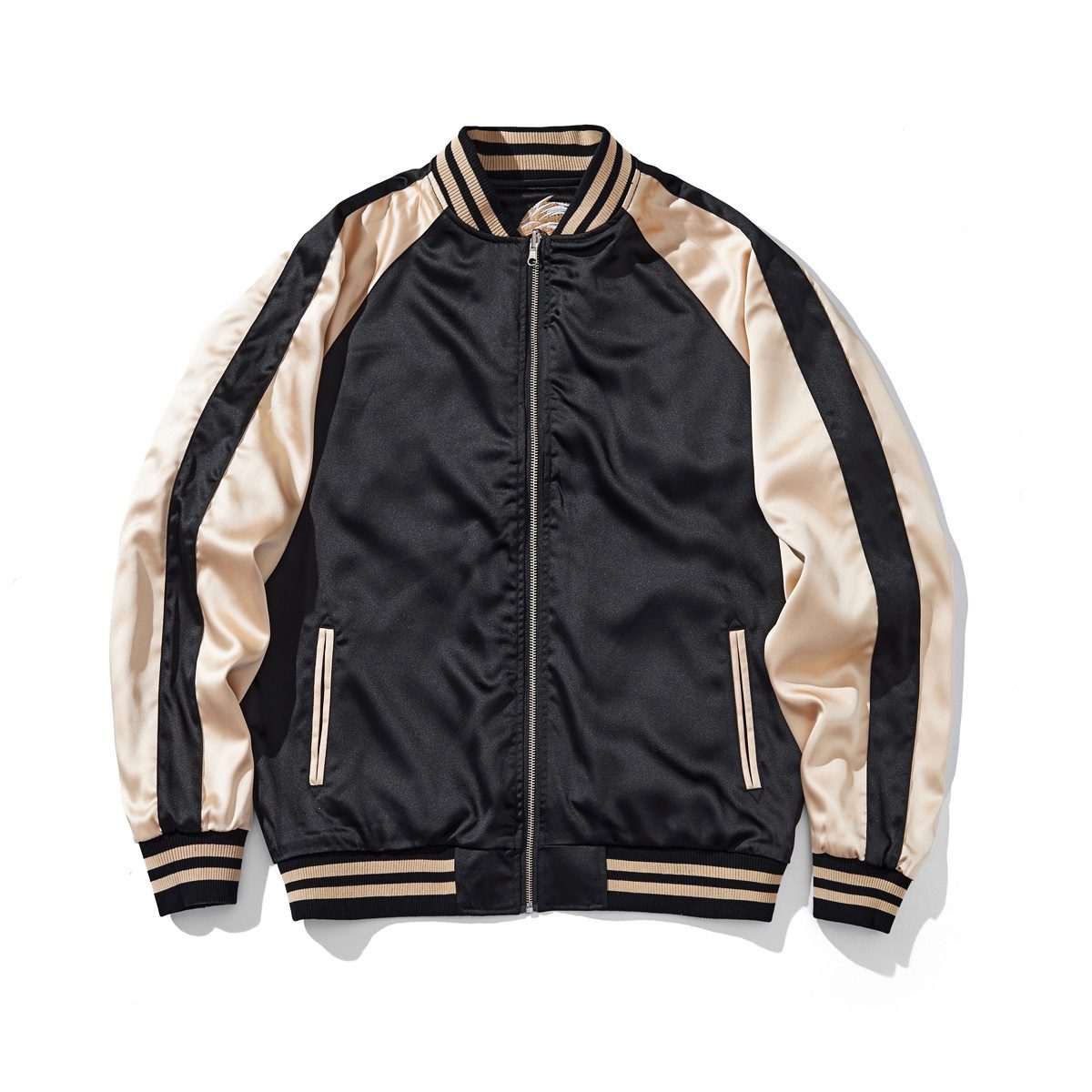 Side B front, beige color reversible sukajan jacket — clean front, contrast raglan sleeves, striped rib trims.